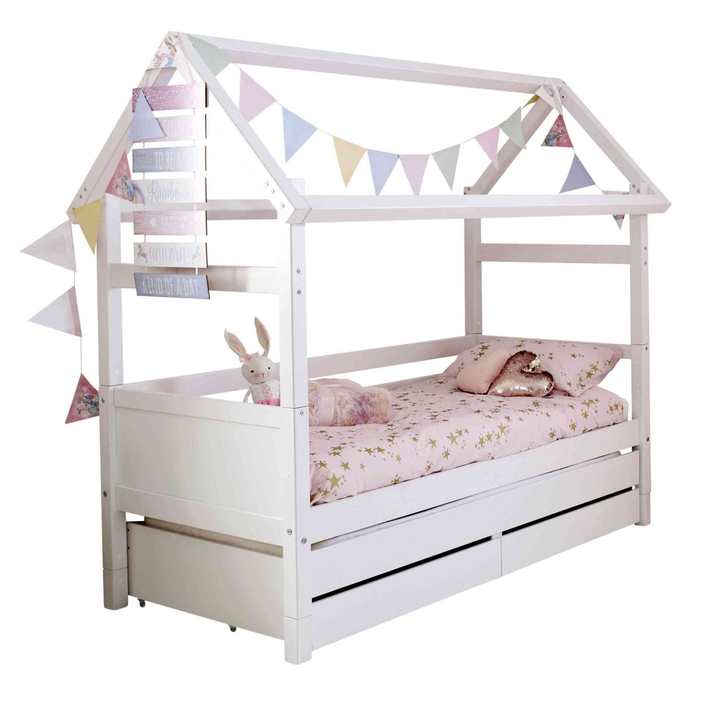 Nordic Playhouse Bed with optional trundle and storage drawers; kids bed with house structure and colorful bunting.