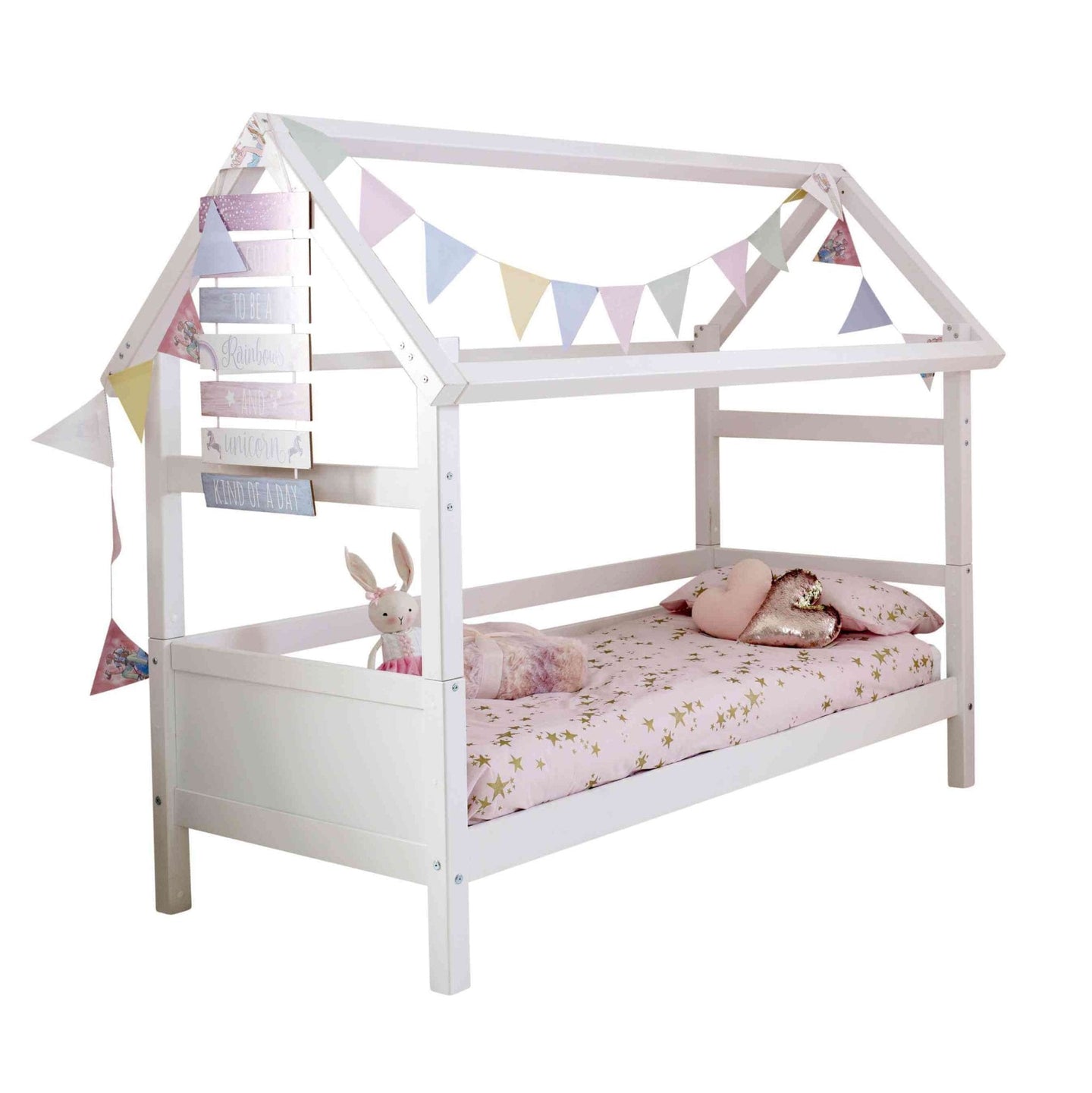 Nordic playhouse bed with optional trundle and storage drawers, featuring a house design and white finish.