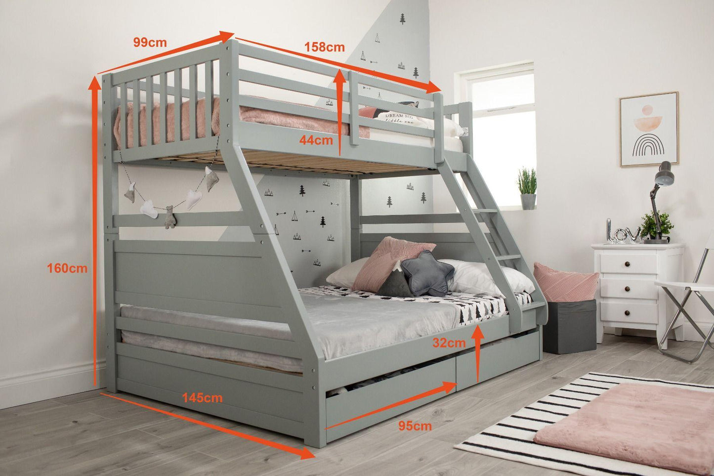 Ollie Triple Sleeper Bunk Bed Single over Double with Drawers - Millie & Jones