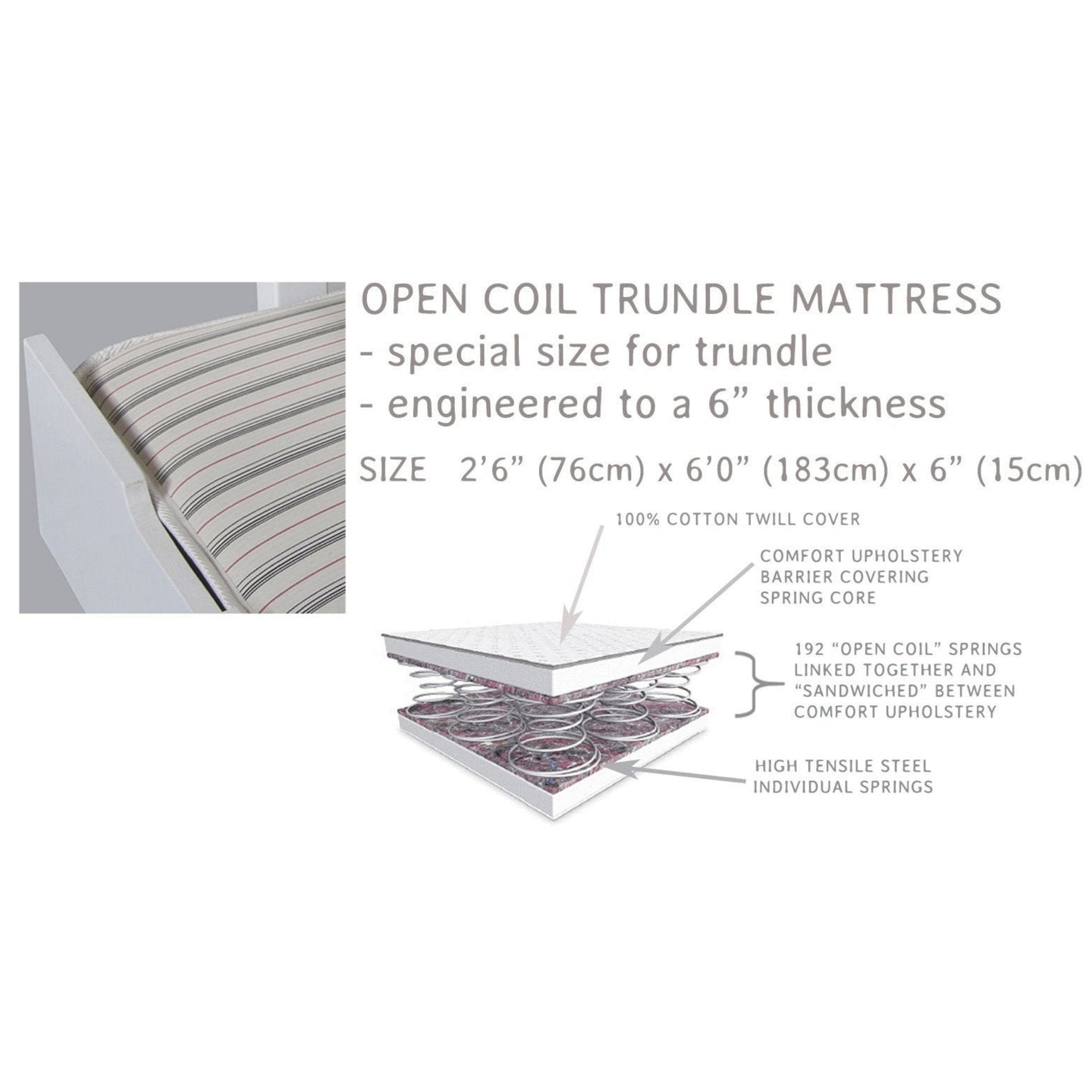 Open Coil Trundle Mattress with 100% cotton twill cover and 192 coil springs, 15cm thick, suitable for single beds and bunks.