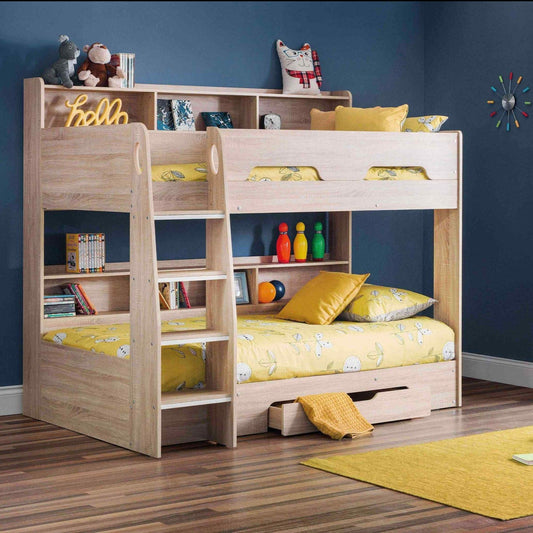 Orion Bunk Bed with Storage Drawer and Shelves in oak finish, featuring shelving units, safety features, and pull-out drawer.