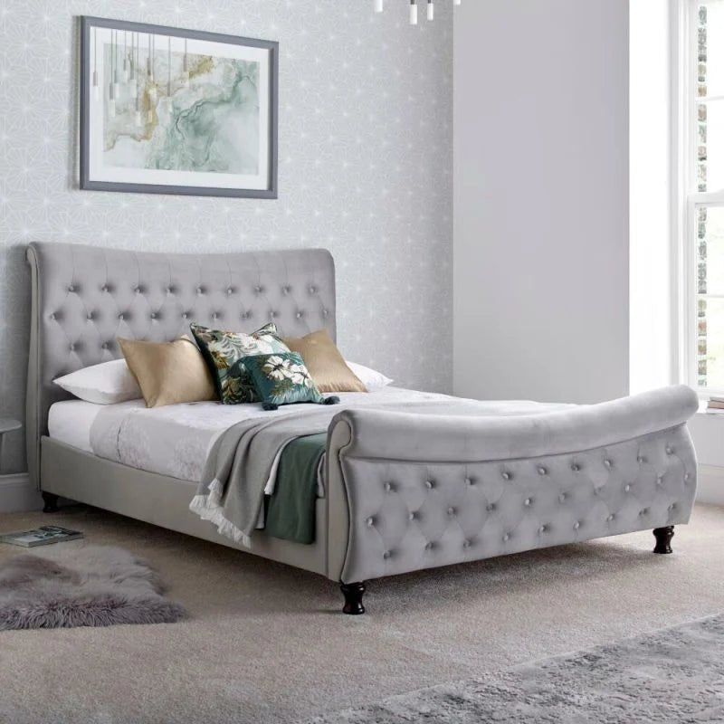 Oxford Grey Velvet Chesterfield Sleigh Double Bed - Millie & Jones