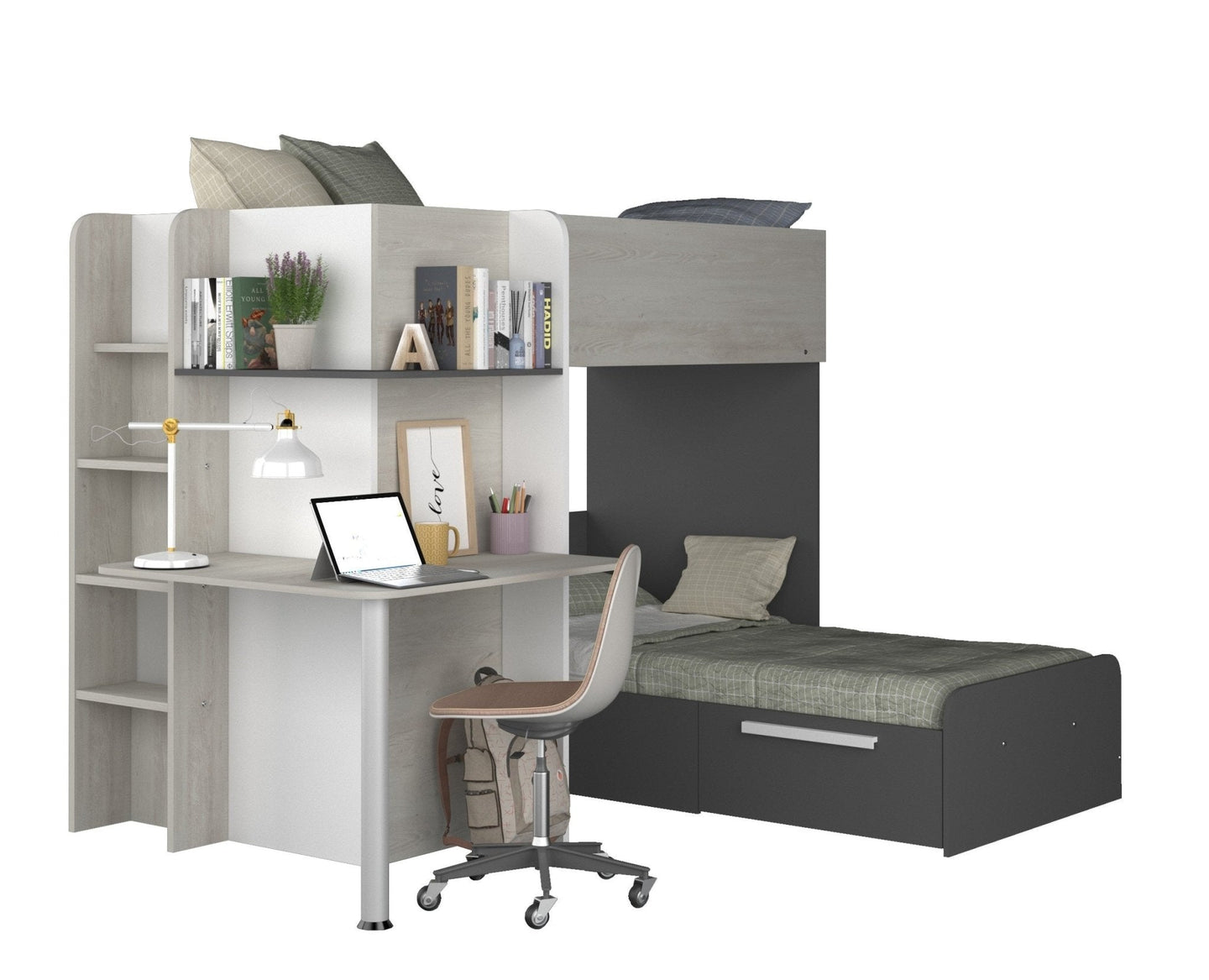 L-shaped bunk bed with corner desk, wardrobe, and shelves; space-saving design with pull-out storage drawer.