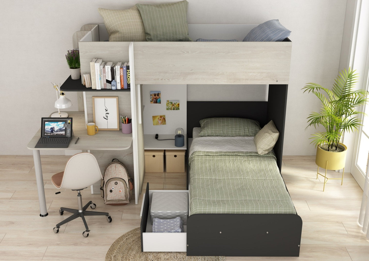 L-shaped bunk bed for kids with corner desk, wardrobe, ladder, and storage drawer.