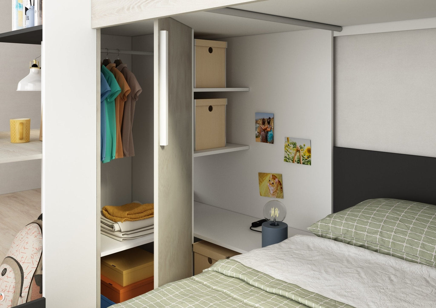 L-shaped bunk bed with integrated corner desk, built-in wardrobe, and shelving units.