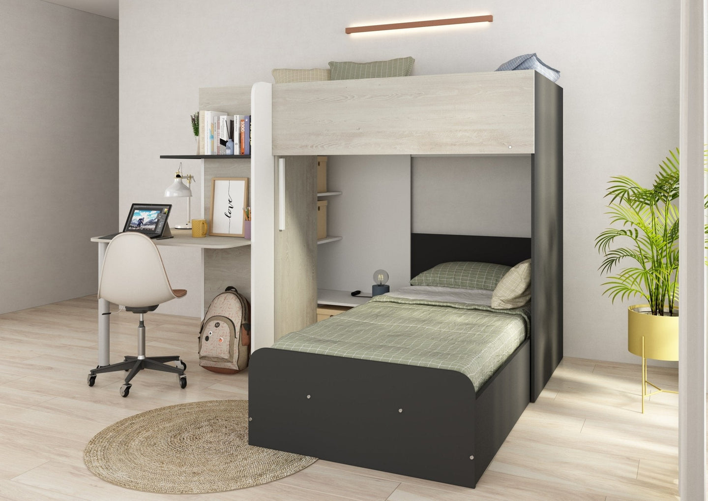 L-shaped bunk bed with integrated desk, shelves, and storage, featuring a sturdy frame and vertical ladder.