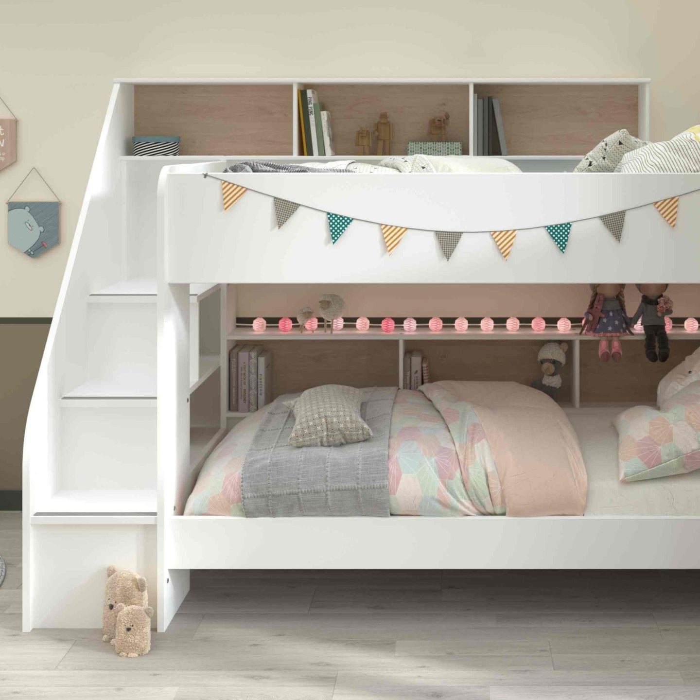 Bibliobed bunk bed with stairs, shelves, and optional trundle; stylish white and oak design for kids' room.