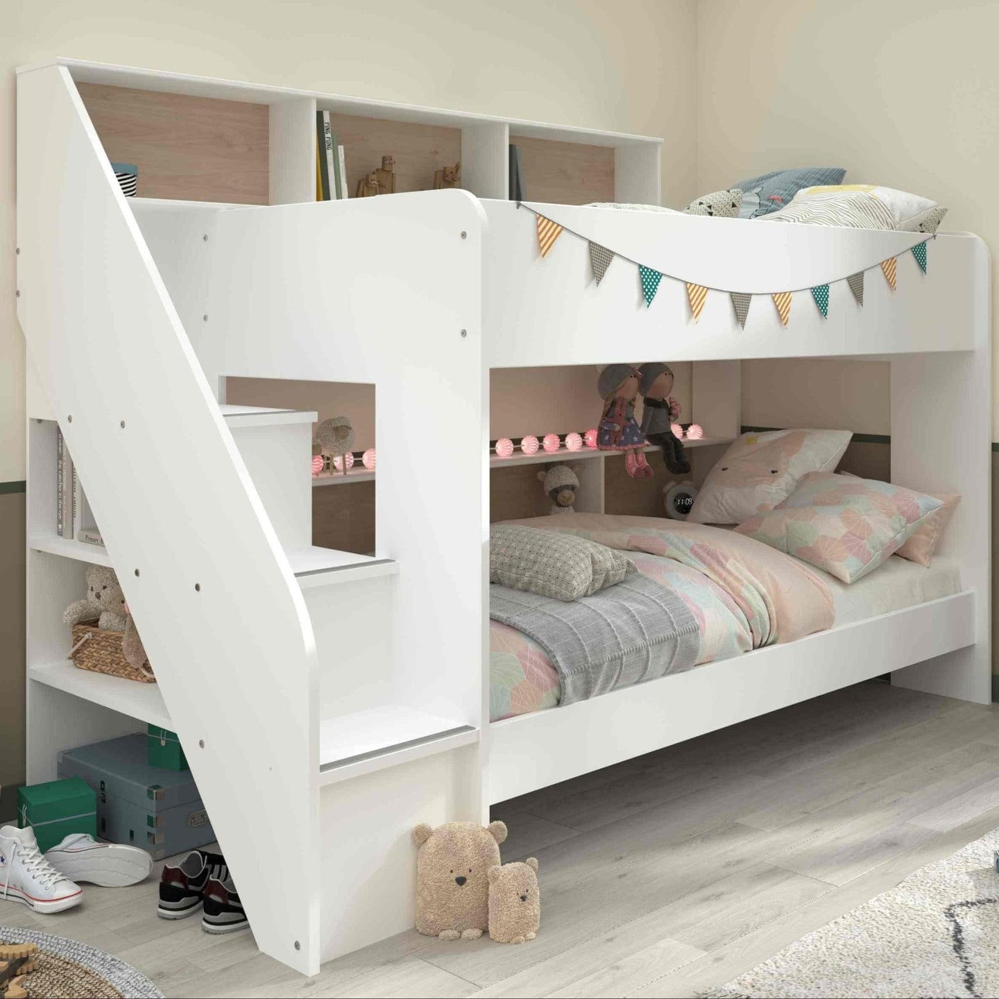 Bunk bed with stairs, shelves, and optional trundle bed in a stylish white and oak design.