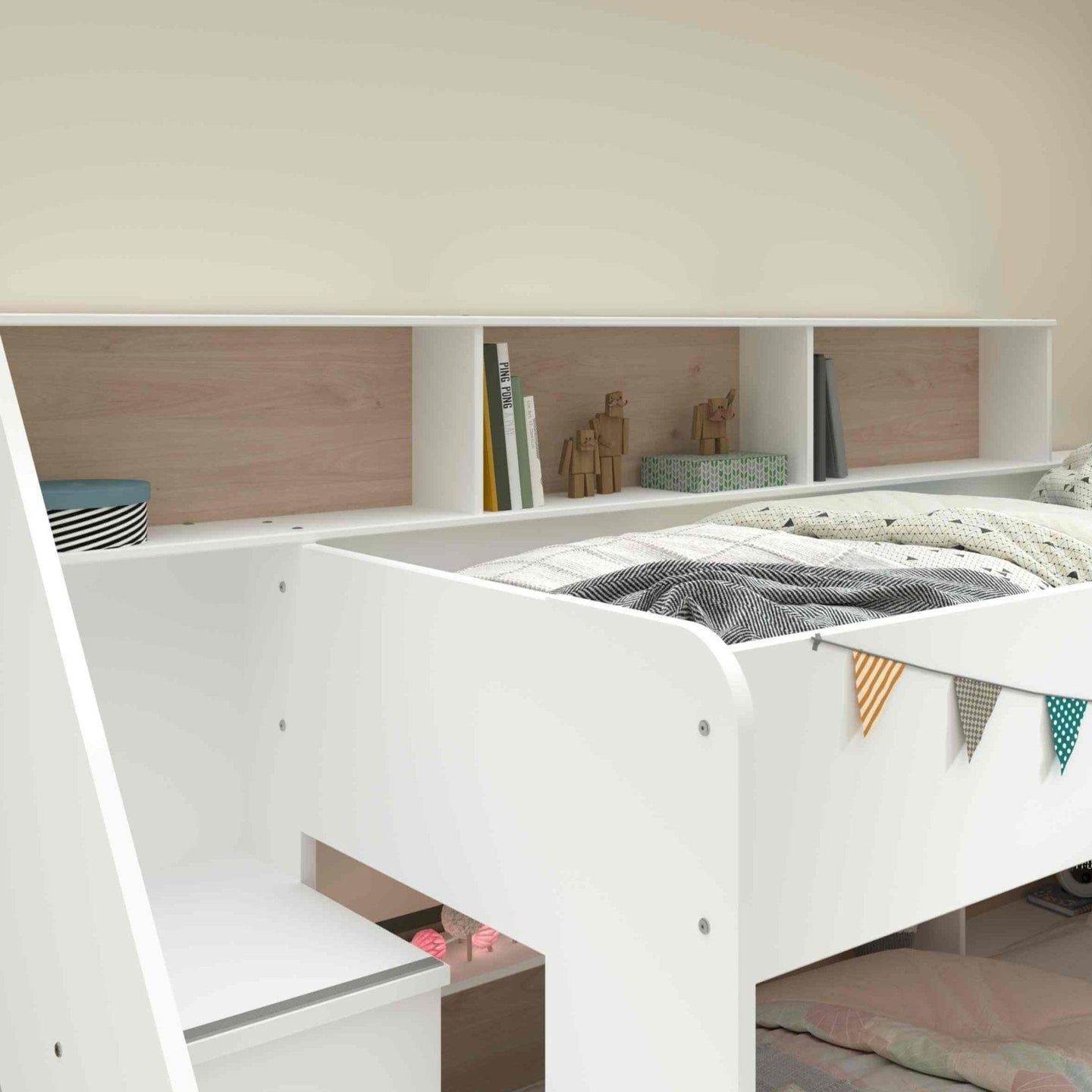 Bibliobed bunk bed with stairs, shelves, and optional trundle bed, featuring white and oak design for children's room.