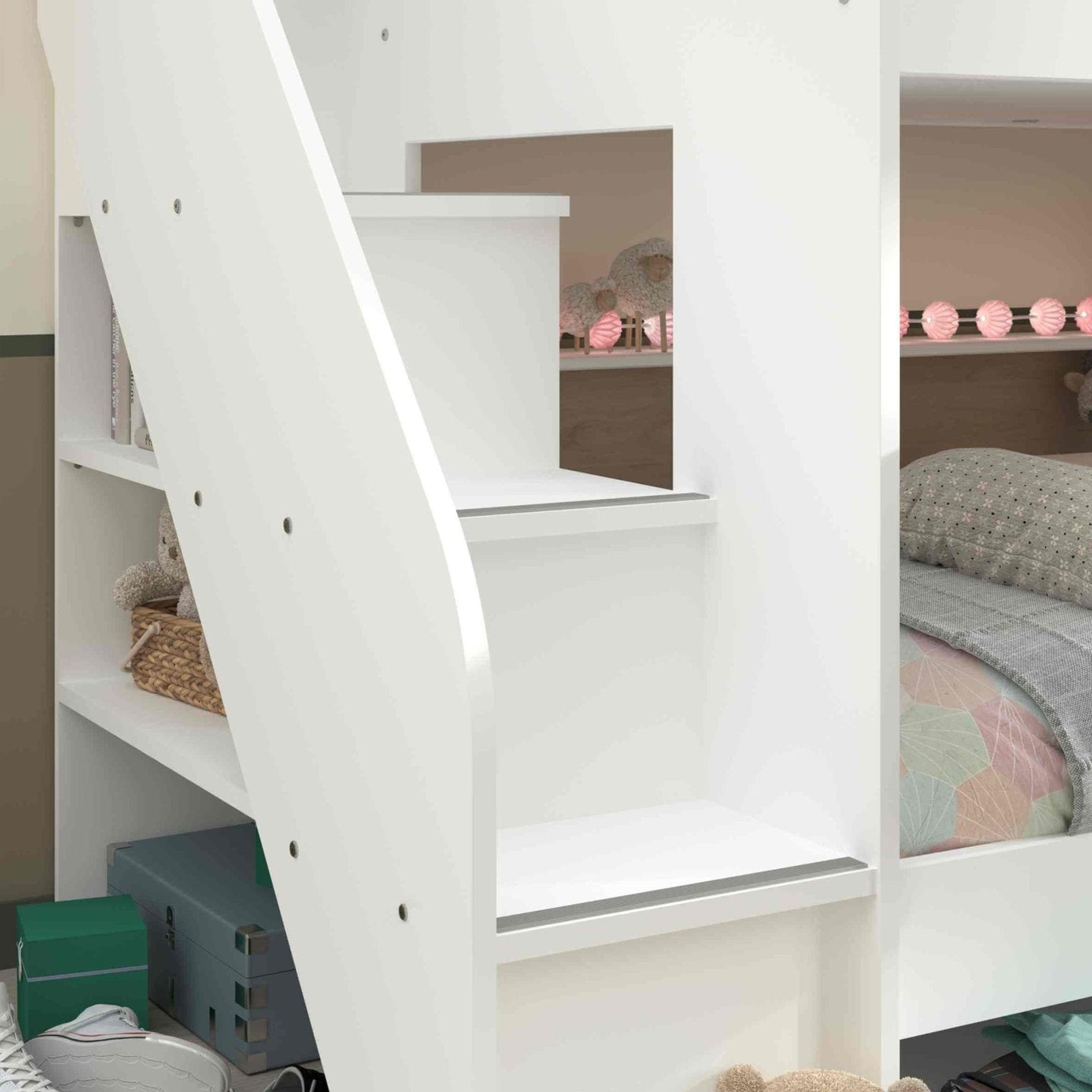 Bibliobed bunk bed with stairs, shelves, and optional trundle; stylish white and oak design, ideal for children's rooms.