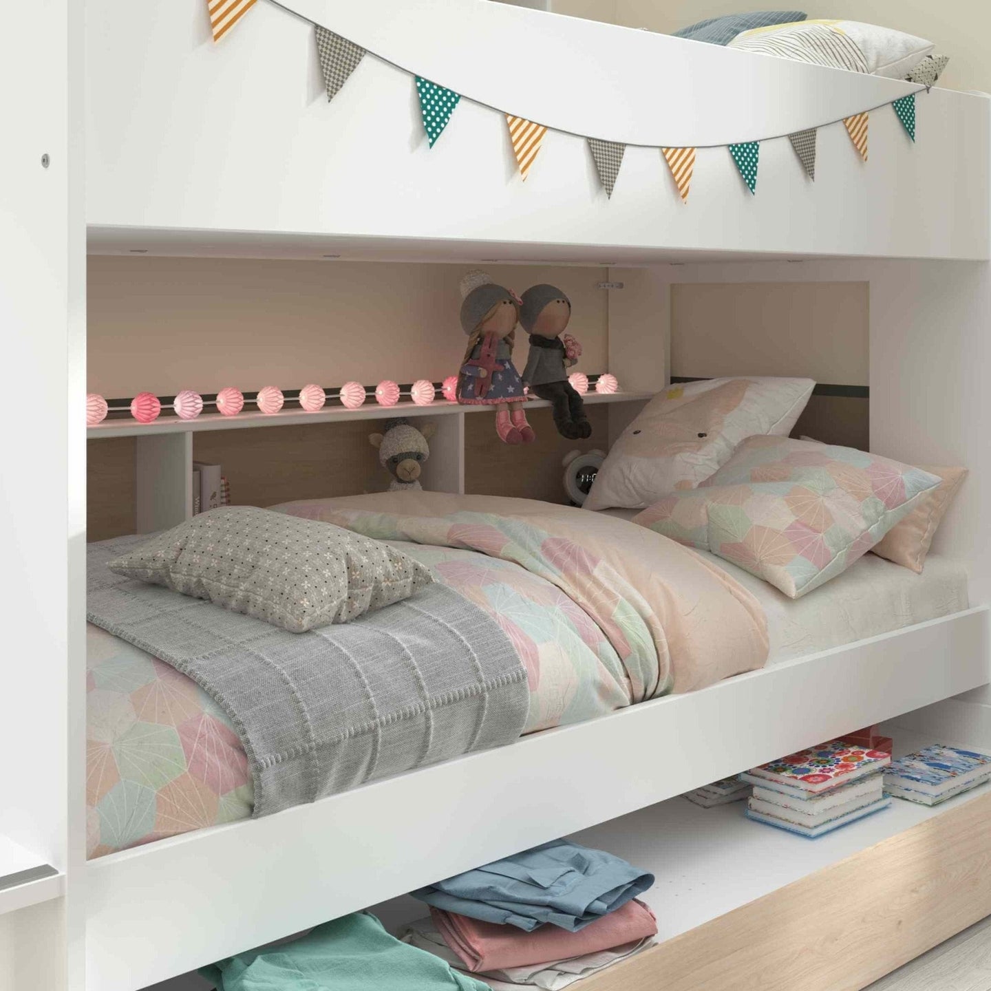 The Bibliobed bunk bed with stairs, shelves, and optional trundle bed; stylish white and oak design with integrated storage, ideal for space-saving and children's rooms.