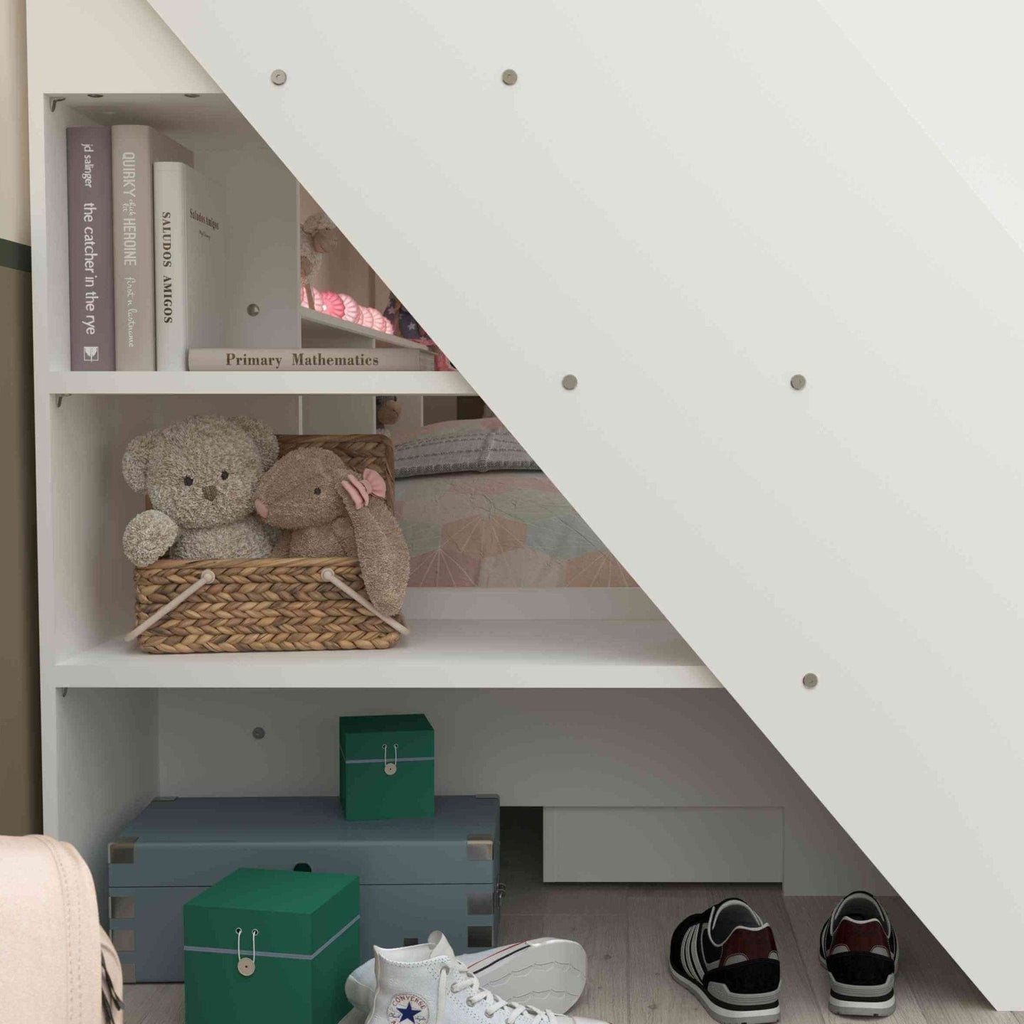 Bibliobed bunk bed with storage shelves under stairs, featuring books, toys, and baskets for organized space-saving.