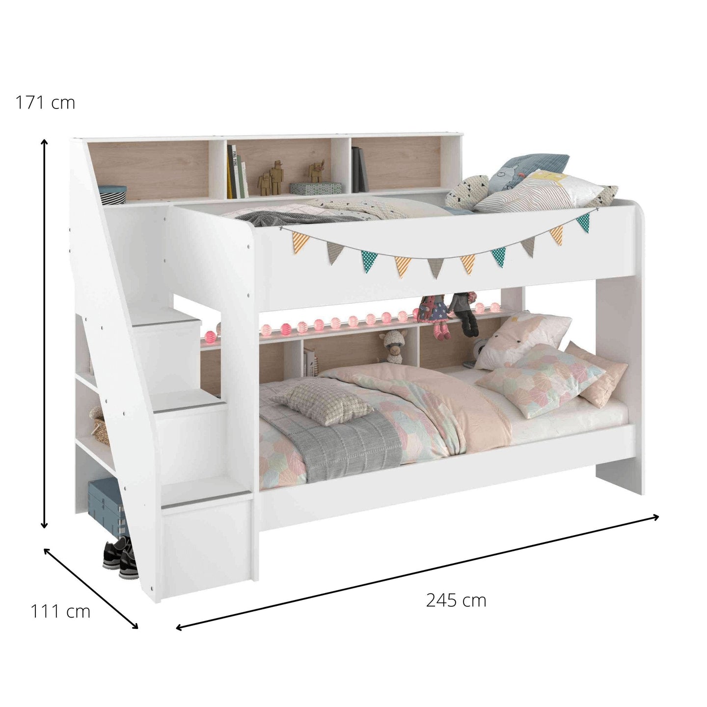 Bibliobed bunk bed with storage shelves, stairs, and optional trundle; space-saving design in white and oak finish.