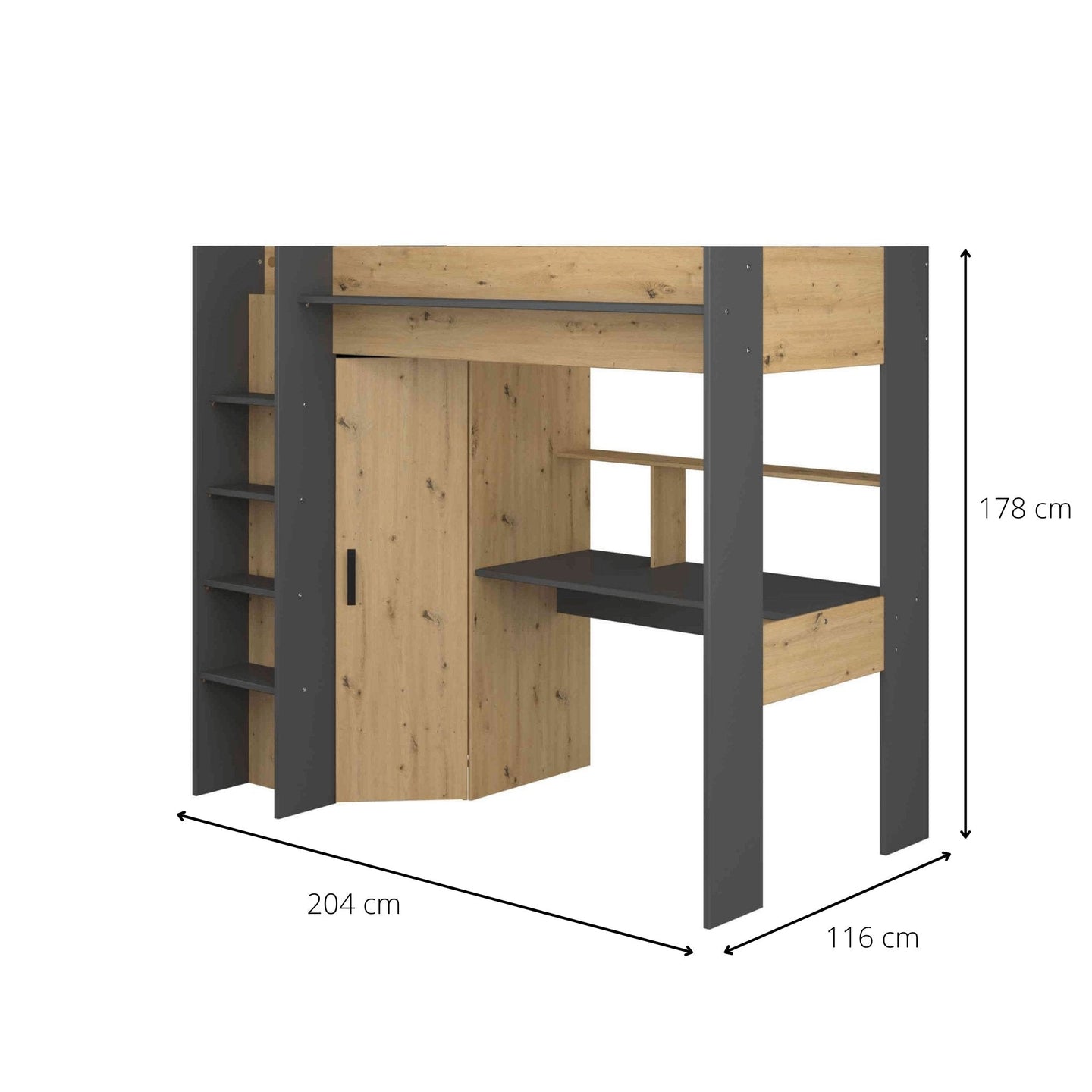 Grayson High Sleeper Loft Bed with desk, wardrobe, and storage shelves, dimensions included.