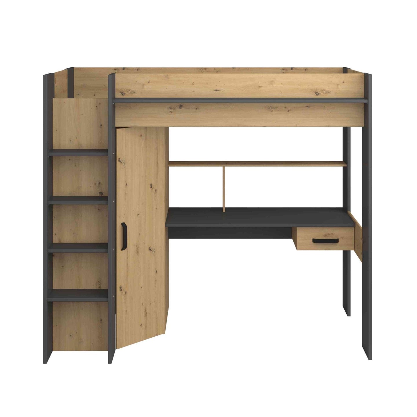 Grayson High Sleeper Loft Bed with desk, wardrobe, wood effect finish, ideal for kids' rooms.