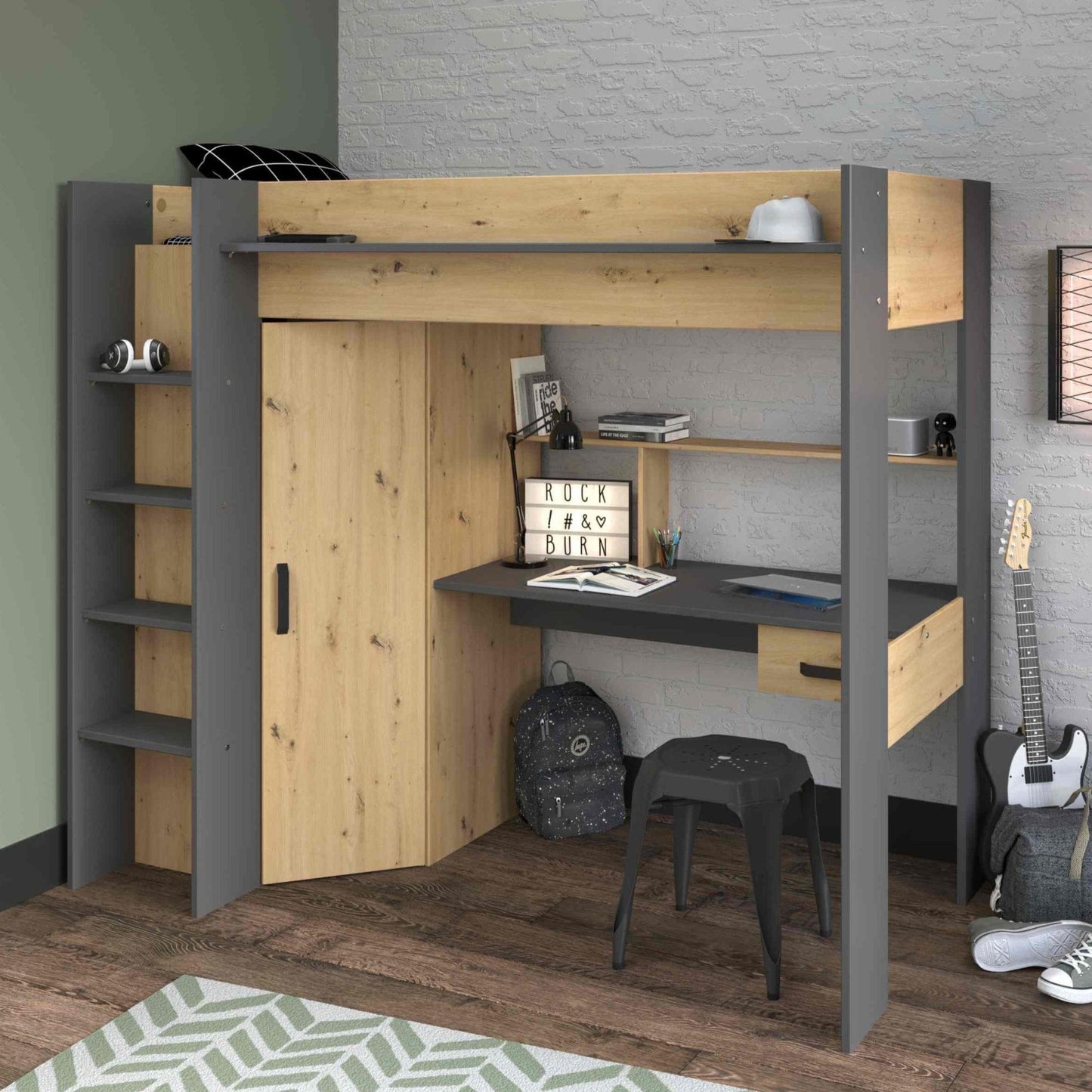 Grayson High Sleeper Loft Bed with Desk and Wardrobe, wood effect finish, storage shelves, fixed ladder.