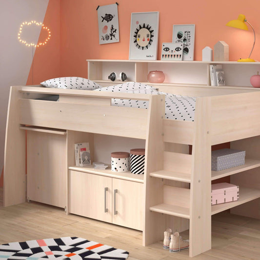 The Swan Mid Sleeper Bed with Pull Out Desk, Cupboard & Shelves - Millie & Jones