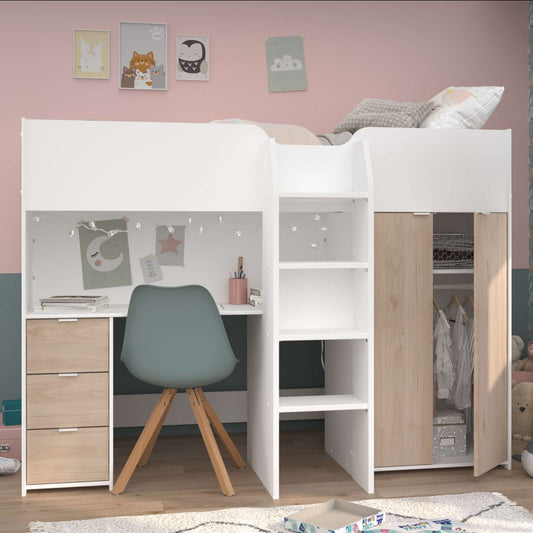 Parisot Tom Junior - High Sleeper Loft Bed with Desk, Wardrobe & Shelves - Millie & Jones