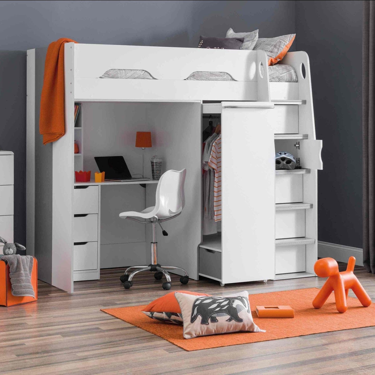 Pegasus High Sleeper Loft Bed with desk, wardrobe, and stairs storage in white for kids and teens.