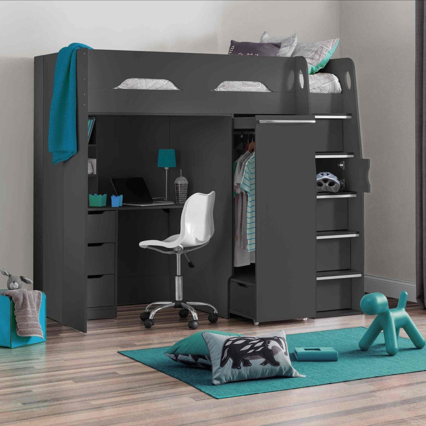 Pegasus high sleeper loft bed with desk, wardrobe, and storage stairs in a modern bedroom setup.