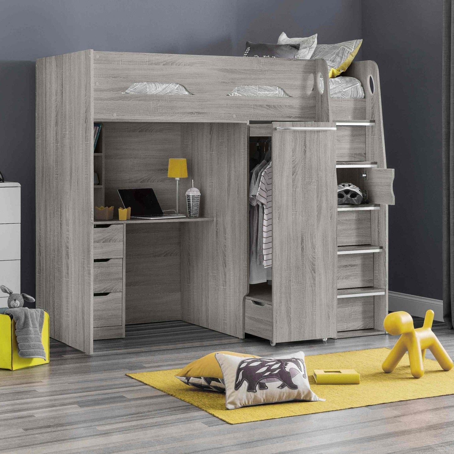 Pegasus High Sleeper Loft Bed with desk, wardrobe, stairs storage, space-saving design for kids and teens.