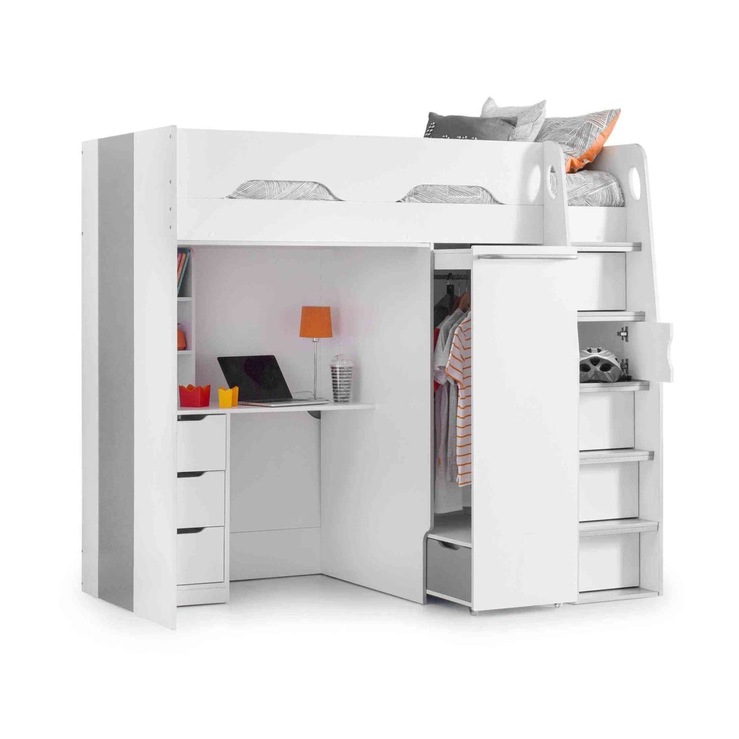 Pegasus High Sleeper Loft Bed with desk, wardrobe, and stairs storage in white.