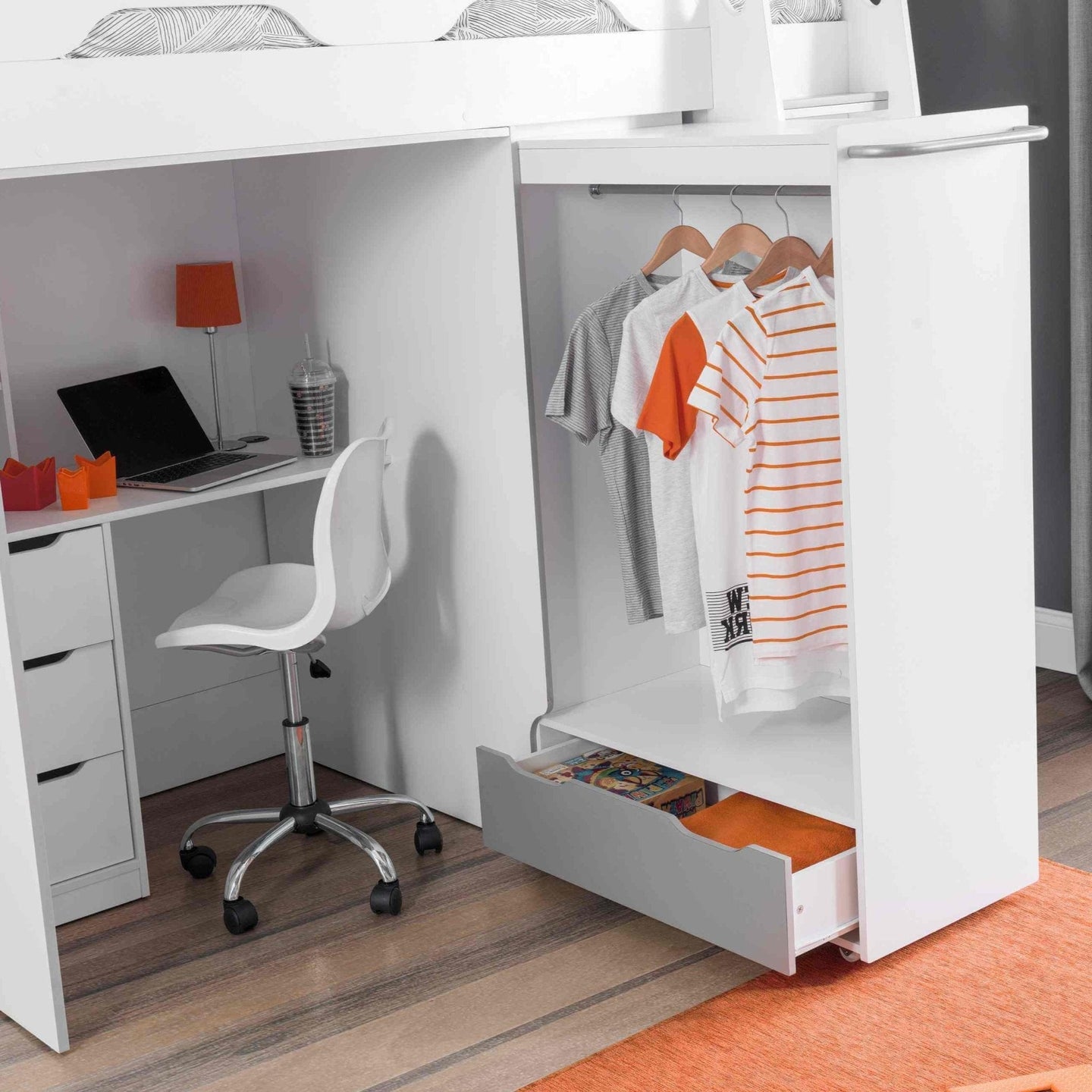 Pegasus High Sleeper Loft Bed with desk, wardrobe, and storage stairs in a kids' room.