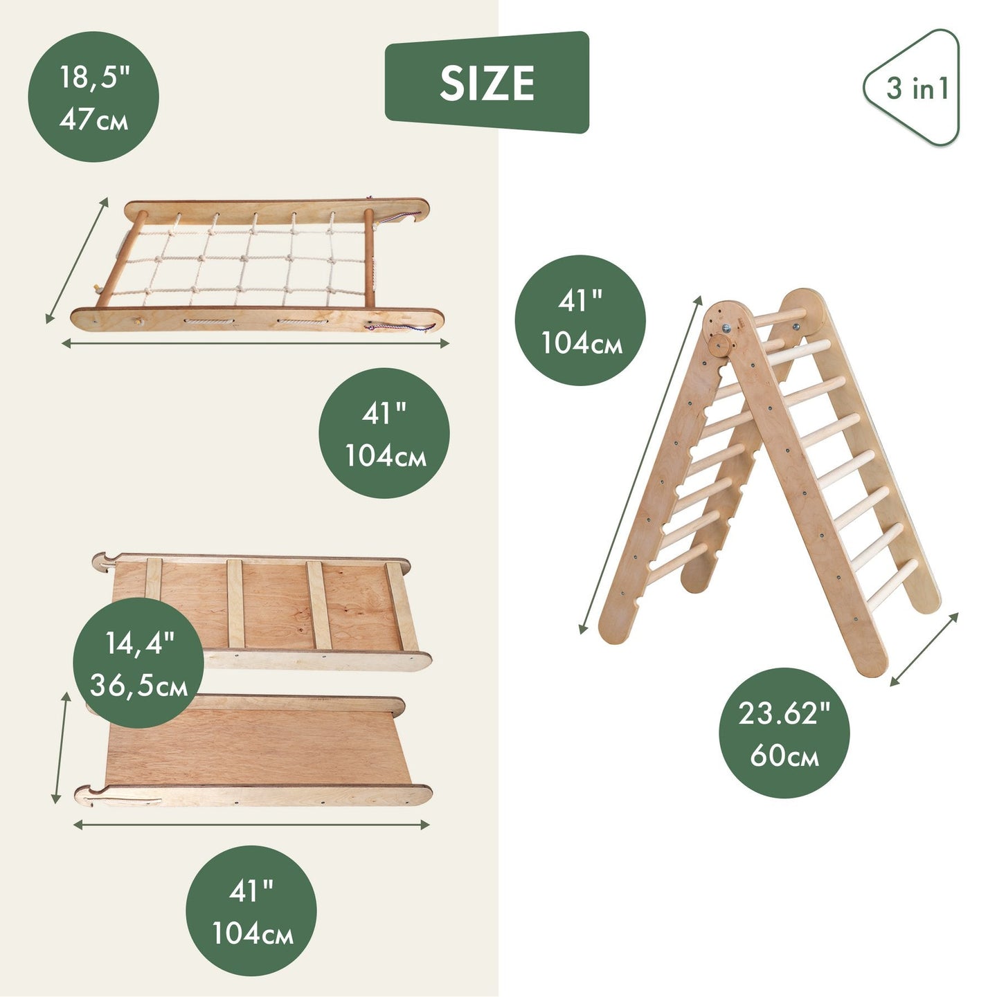 Pikler Montessori Climber Ladder Slide dimensions and features illustration.