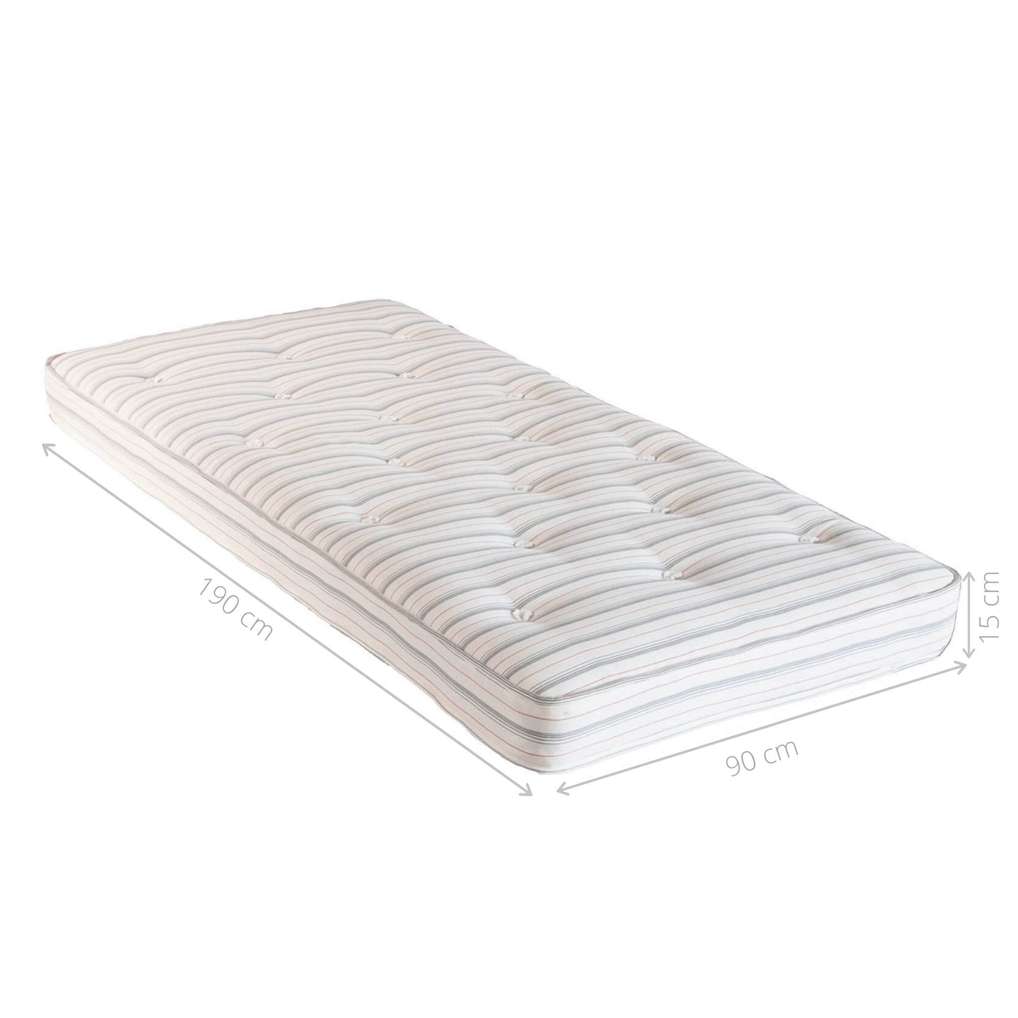 High Bed Pocket Sprung Single Mattress with hand-tufted cotton cover, 608 sewn springs, dimensions 190x90x15 cm.