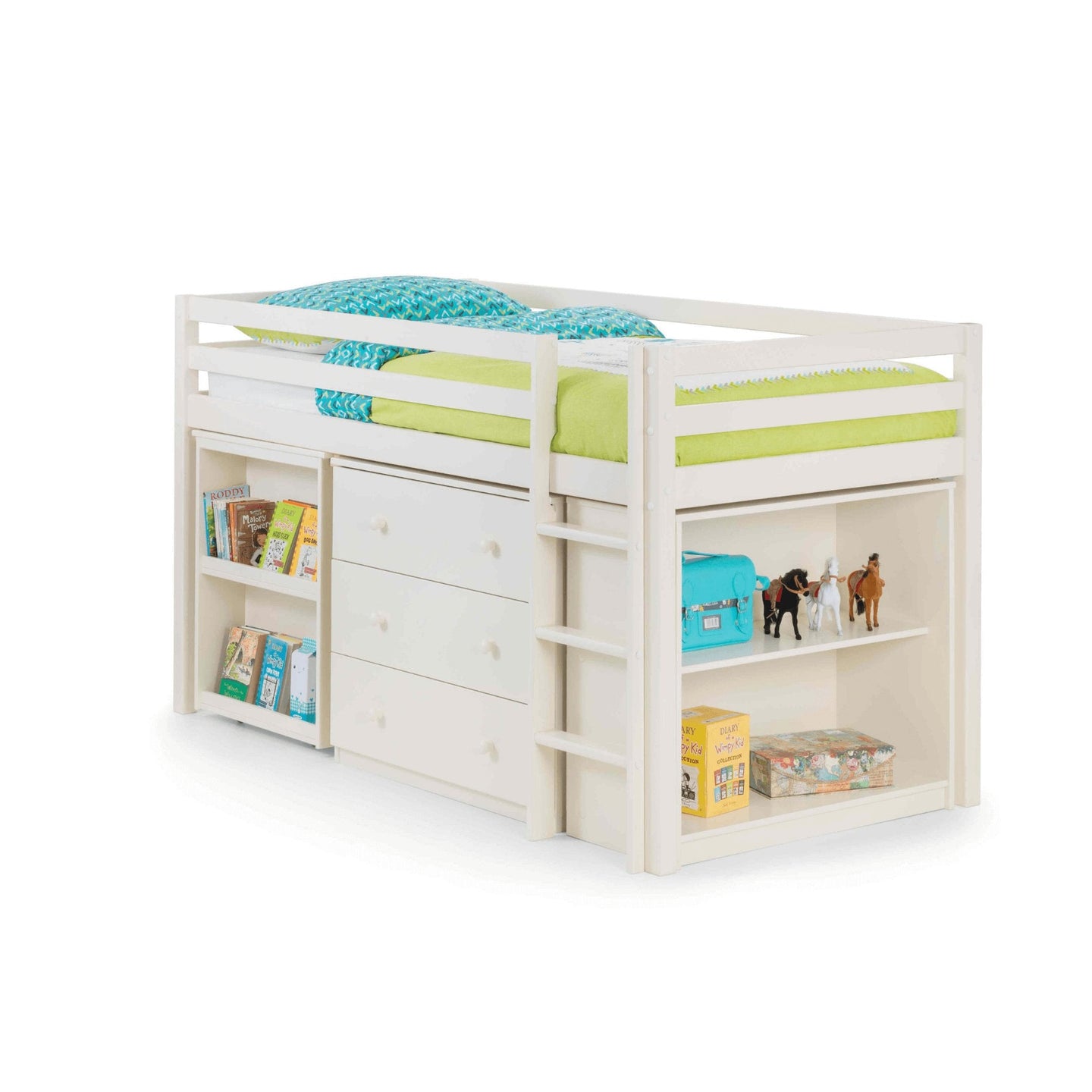 Roxy Sleepstation Mid Sleeper Bed with storage drawers, shelves, and pull-out desk in neutral colors.