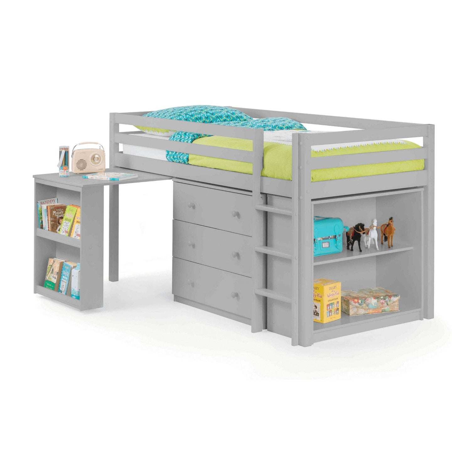 Roxy Sleepstation Mid Sleeper Bed with pull-out desk and storage drawers in neutral color.