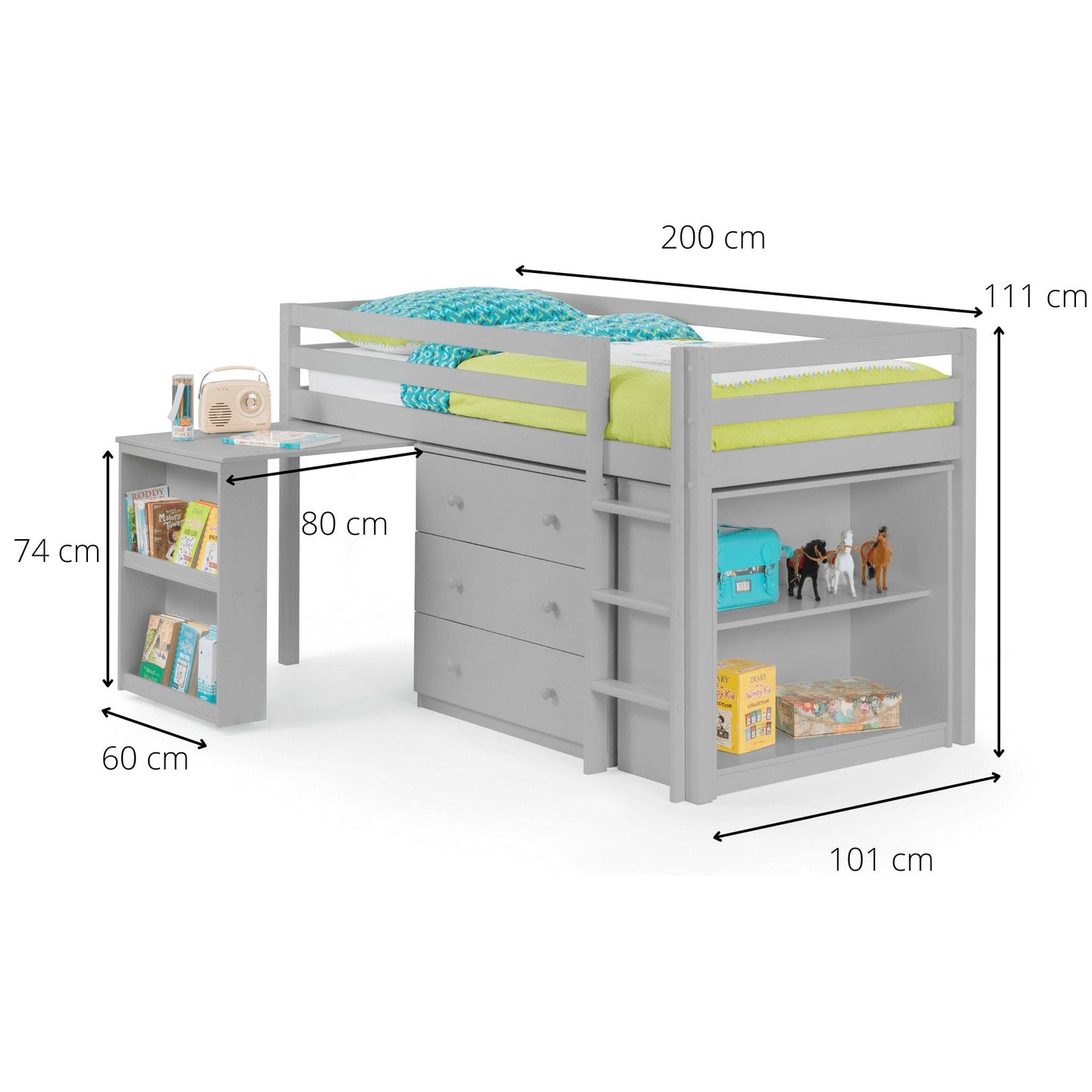 Roxy Sleepstation Mid Sleeper Bed with desk, storage drawers, and shelves for kids.