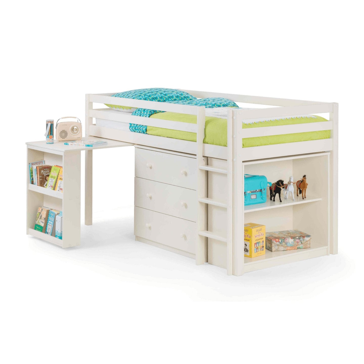 Roxy Sleepstation Mid Sleeper Bed with desk, storage drawers, and shelves, ideal for kids' compact rooms.