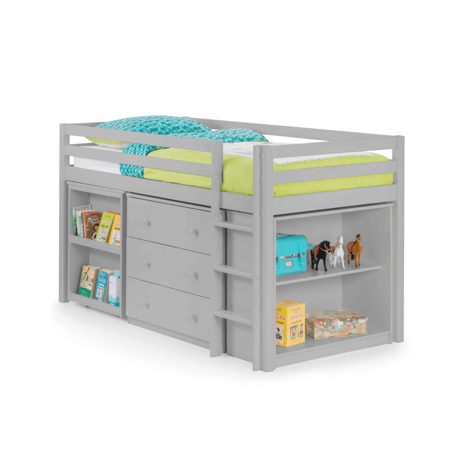 Roxy Sleepstation Mid Sleeper Bed with desk, storage drawers, and shelves in light grey for kids' bedrooms.