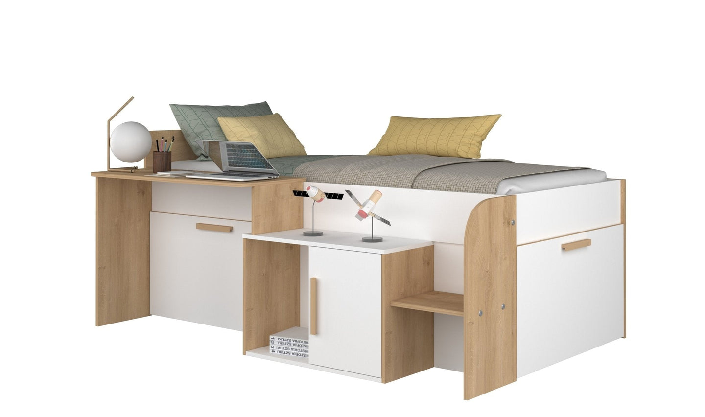 Sacha Storage Midsleeper with oak and white finish, featuring desk, storage drawers, cupboard, and open shelves.