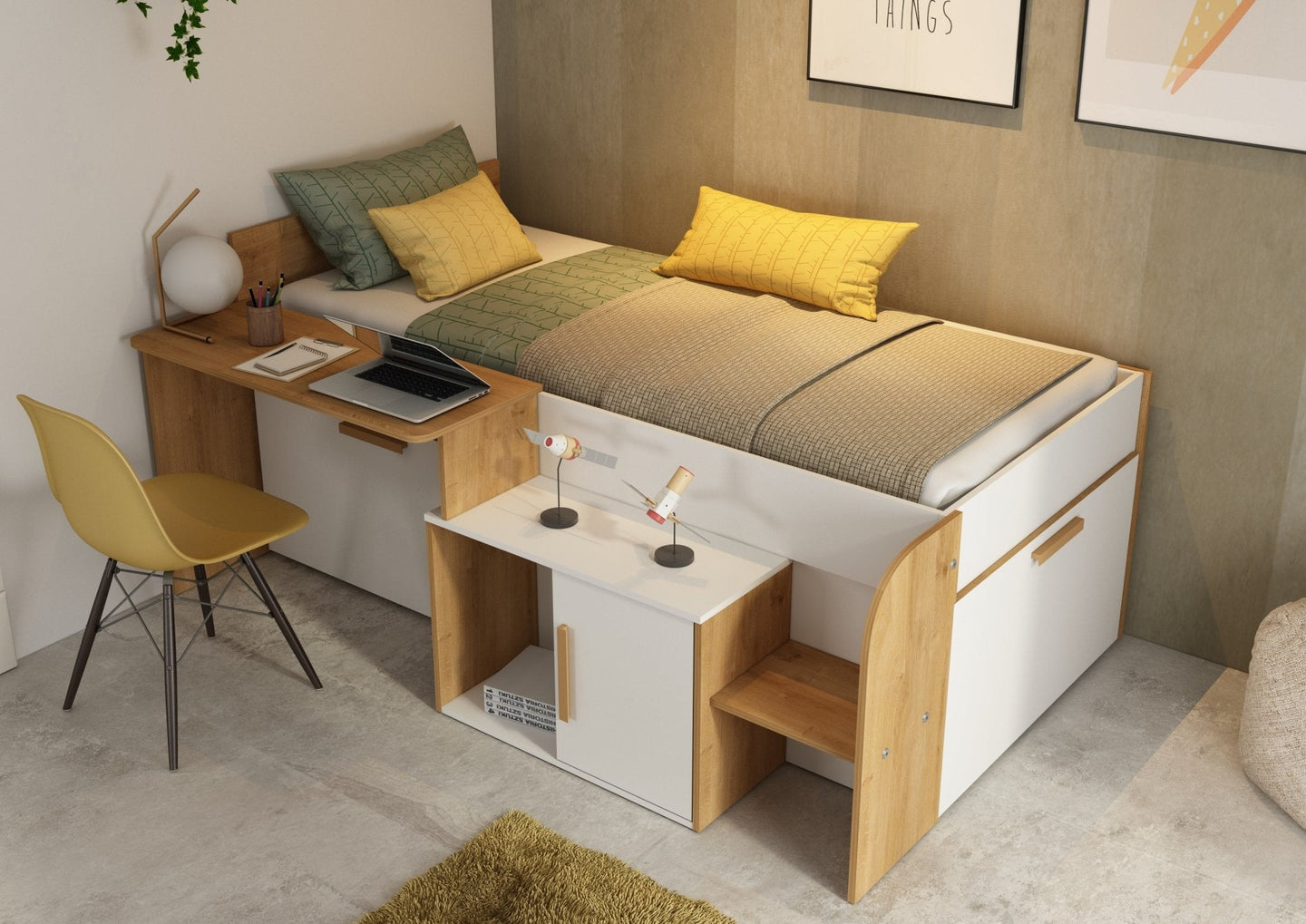 Sacha Storage Midsleeper with desk, oak and white finish, featuring under-bed storage drawers, cupboard, and open shelves.