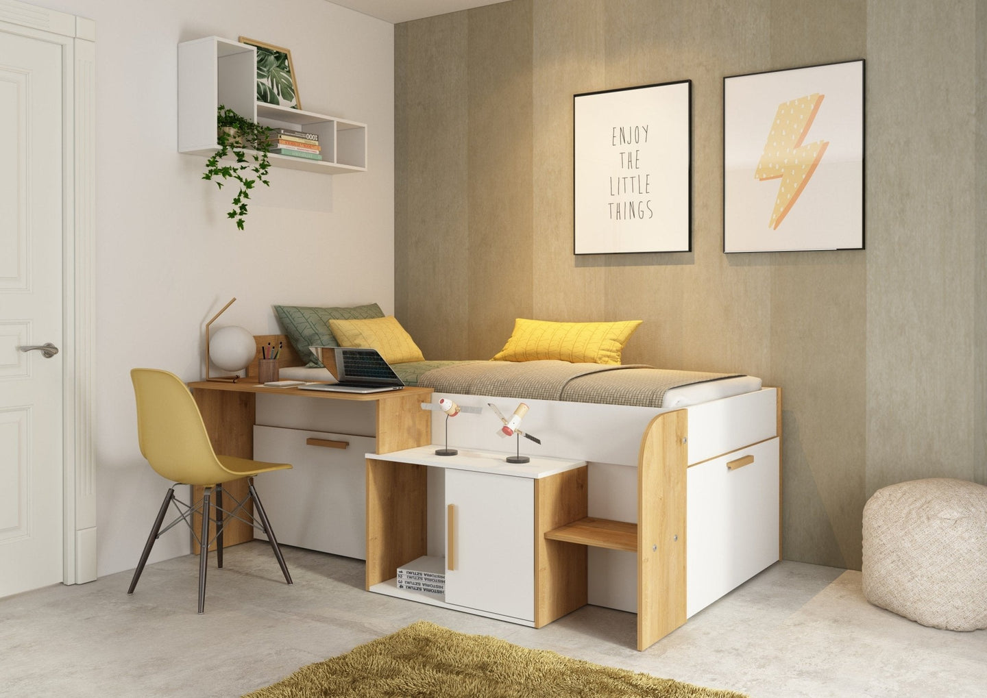 Sacha Storage Midsleeper with desk, oak and white finish, featuring under-bed drawers, cupboard, and shelving in a compact space-saving design.