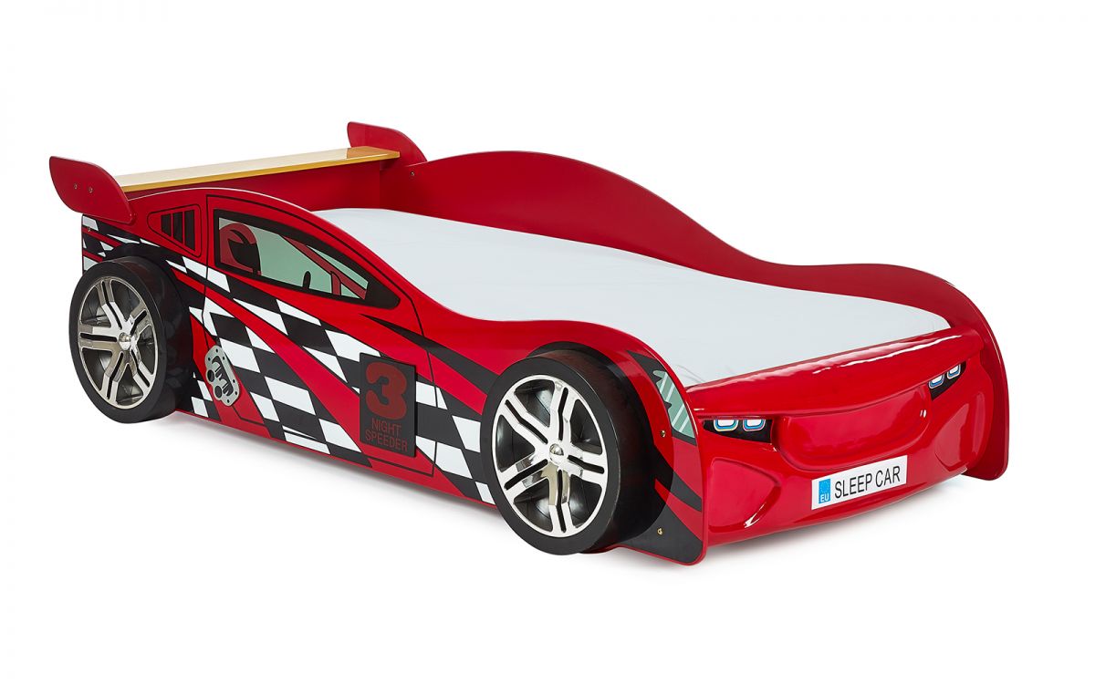 High gloss red Scorpion Racer Bed with racing car design for kids.