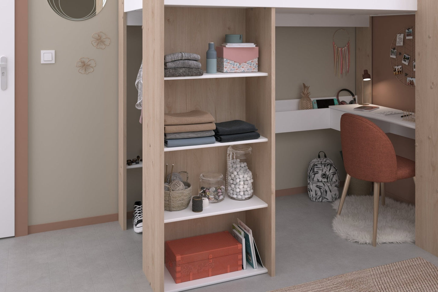 Shelter Highsleeper bed with desk and shelves in a modern child's room.