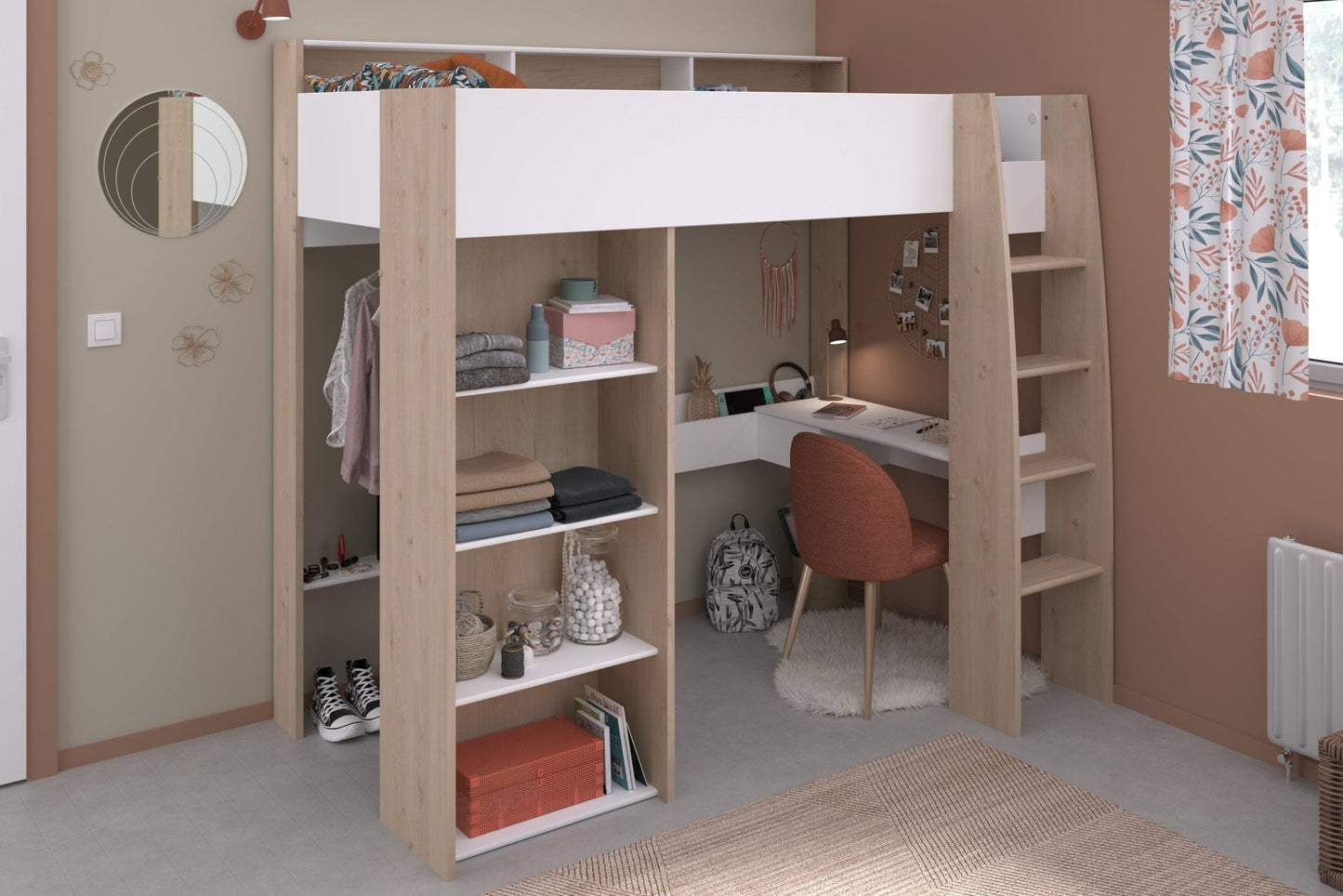 Shelter Highsleeper with desk and storage, modern design, space-saving children's bed.