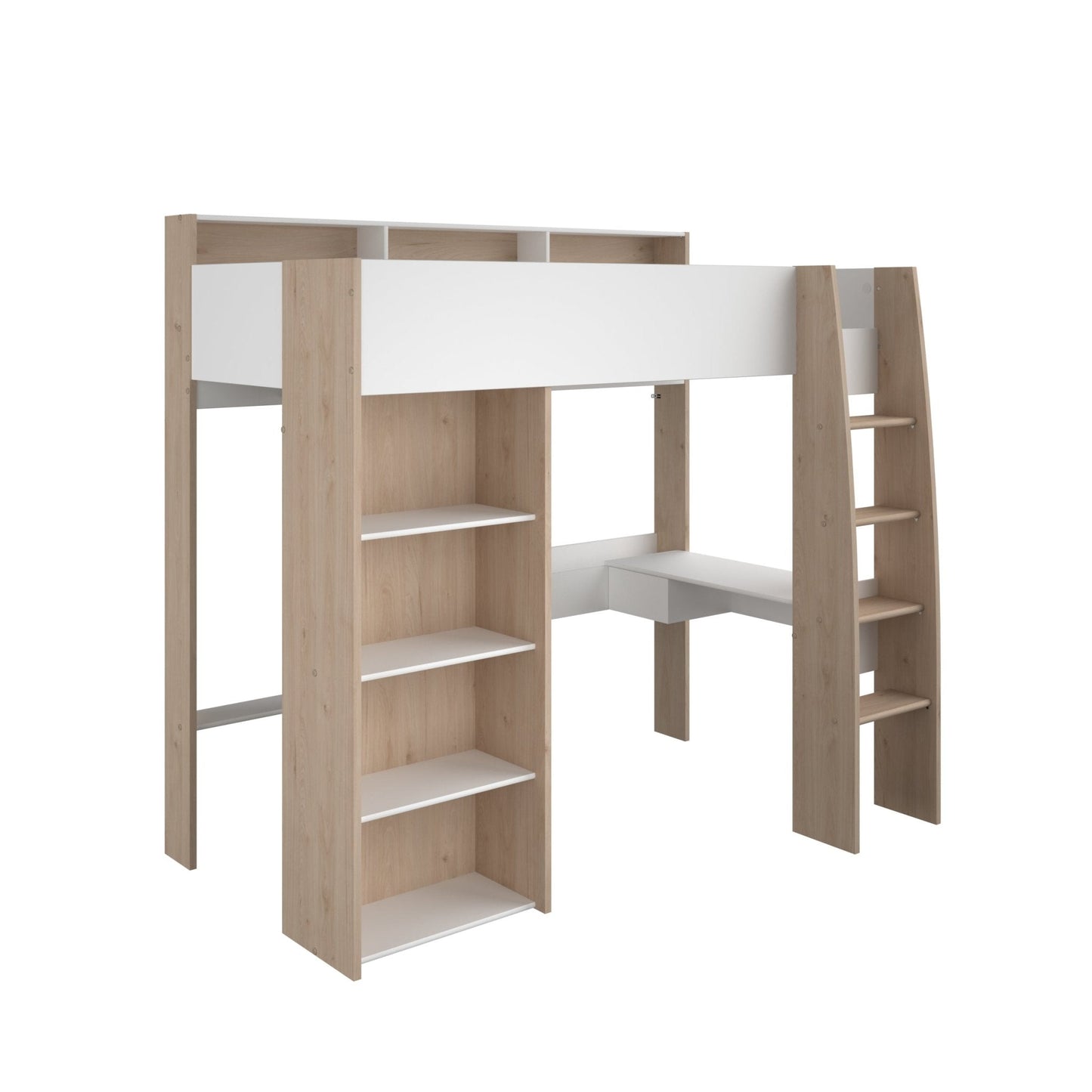 Shelter Highsleeper bed with built-in desk, storage shelves, and ladder; modern design, space-saving solution for kids' rooms.