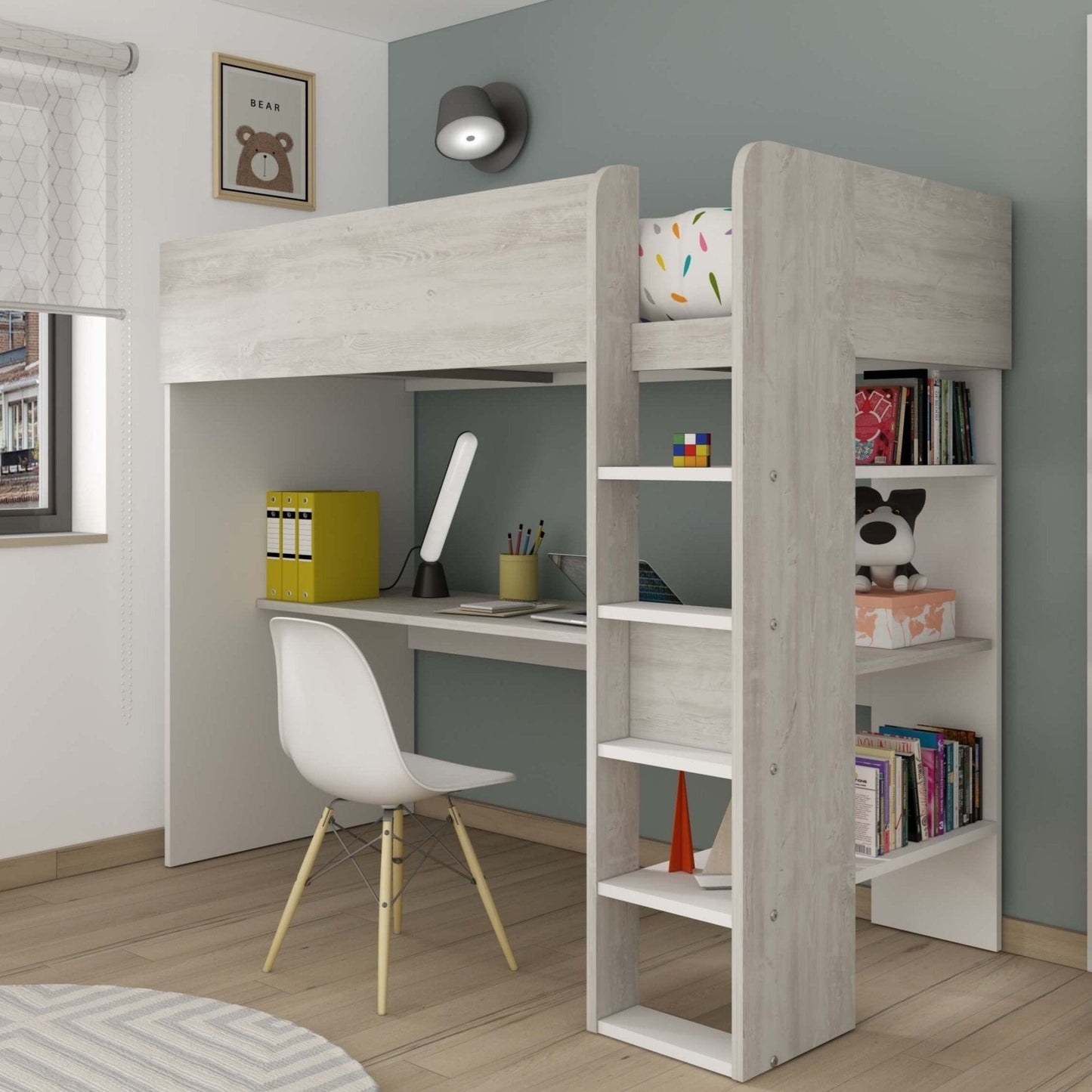 Tarragona high sleeper bed with desk and shelves in grey wood finish, featuring a study area and storage.