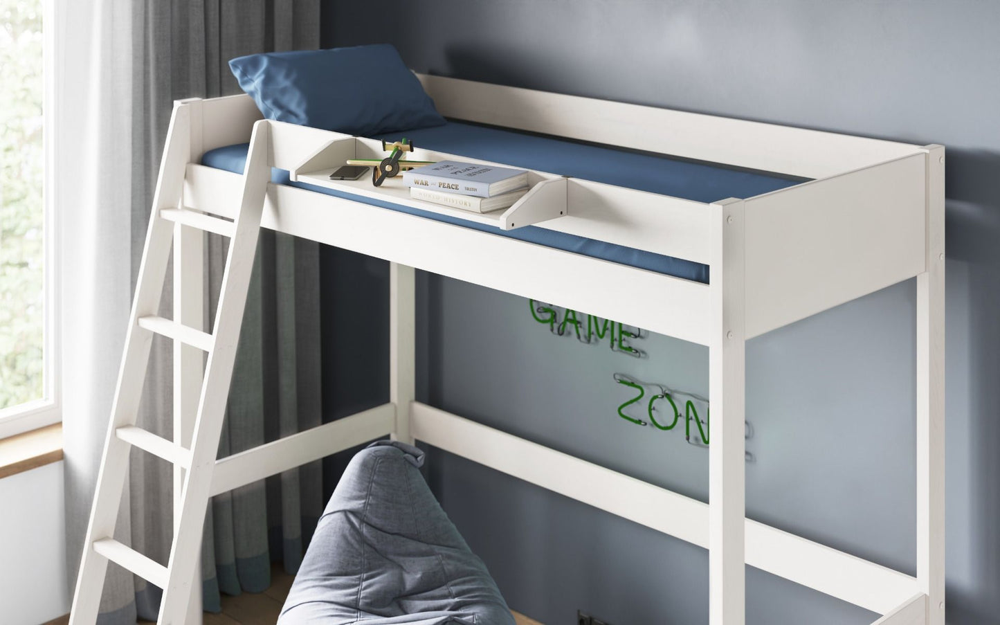 Tera Solid Wood Highsleeper Frame with ladder, cozy reading nook, and stylish modern design in a bedroom setting.