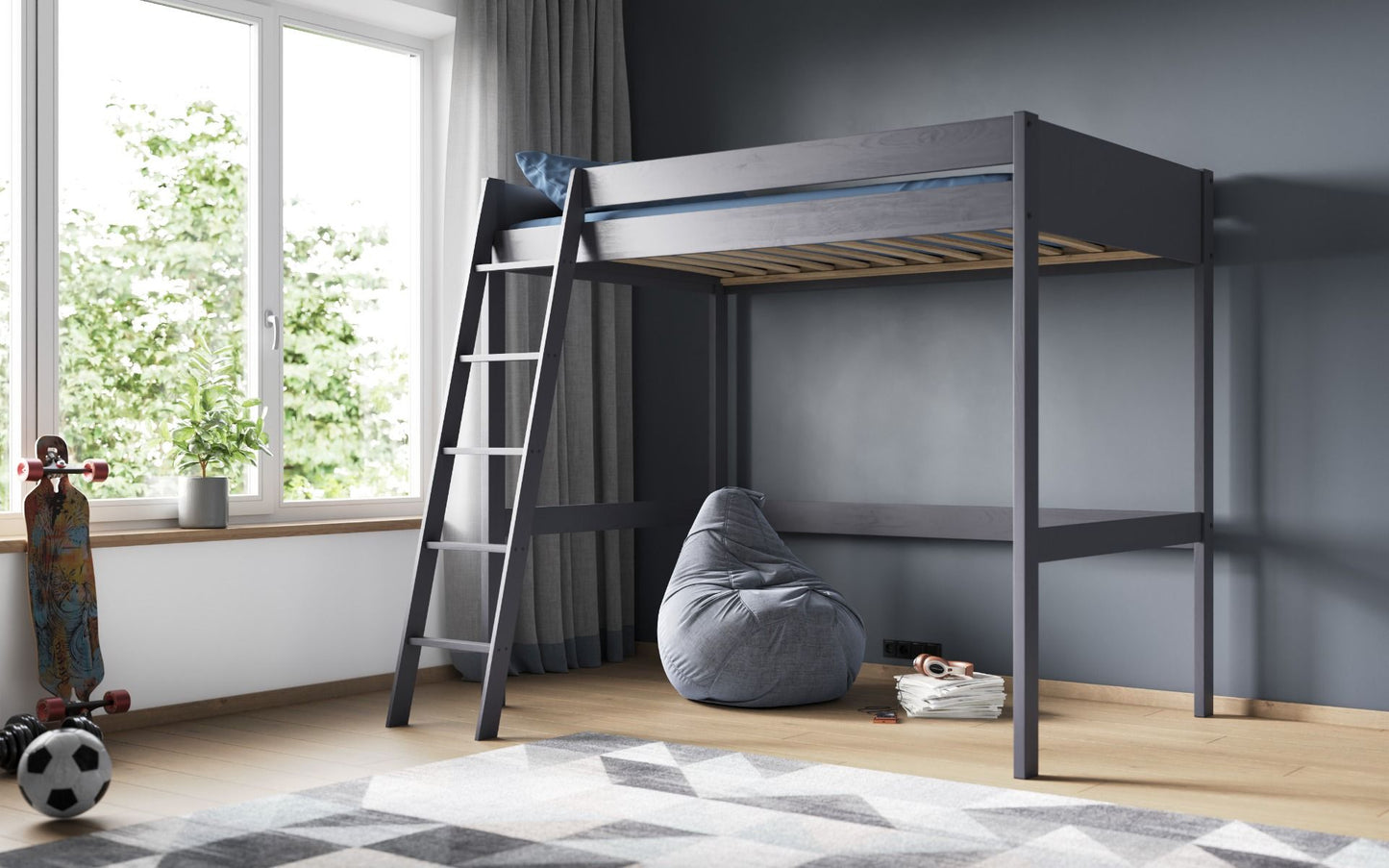 Tera Solid Wood Small Double Highsleeper bed with ladder, eco-friendly Scandinavian pine, space-saving design, under-bed storage.