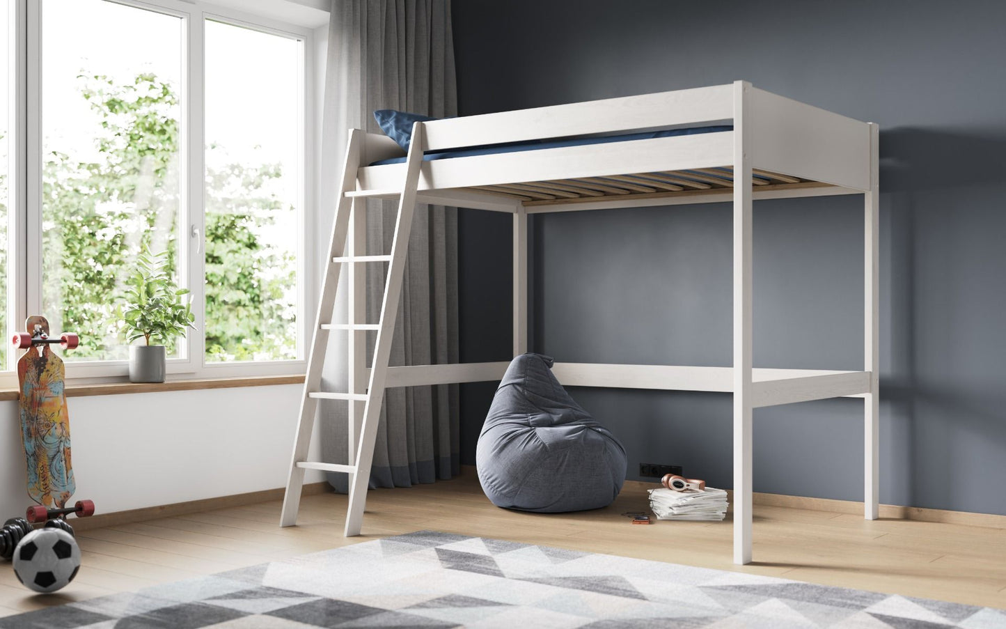 Tera solid wood small double highsleeper bed in a modern bedroom setup with under-bed area and a ladder.