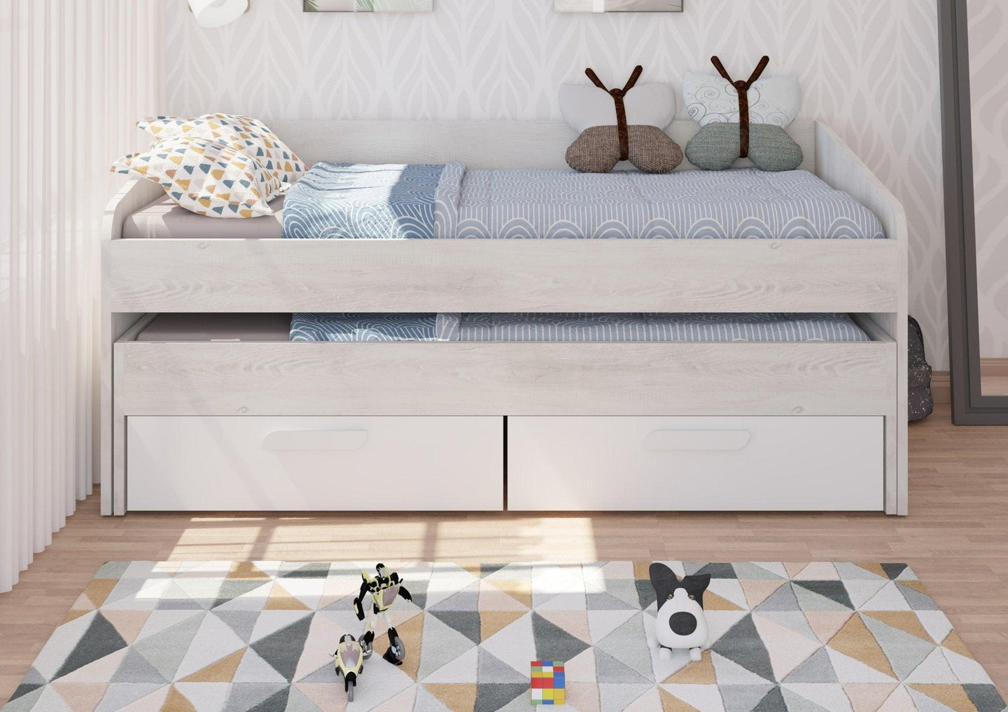 Terrassa Daybed with storage drawers, light wood and white finish, in a modern bedroom setting.