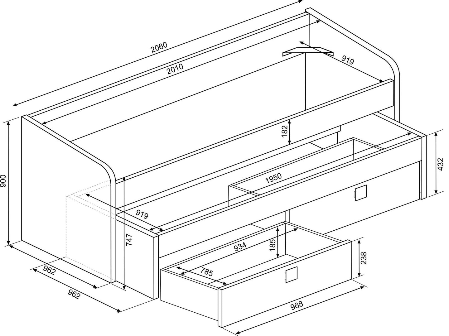 Terrassa Daybed with storage drawers and pull-out bed, light wood and white finish, dimensions and design illustration.