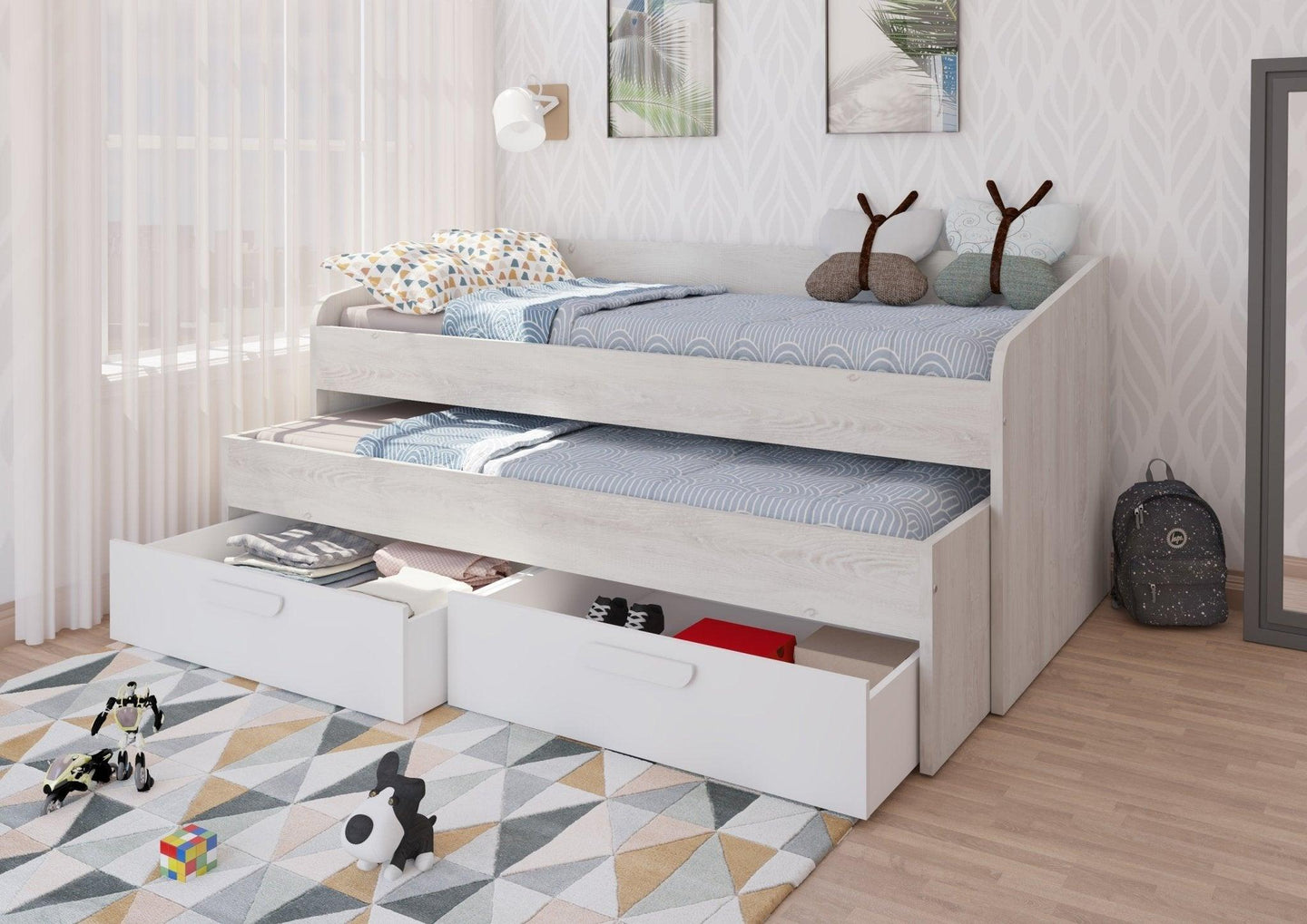 Terrassa Daybed with storage drawers and pull-out bed in light wood and white finish, ideal for space-saving and modern interiors.