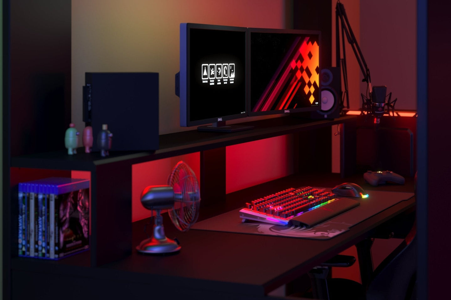 ONLINE Gaming Highbed setup with dual monitors, sleek black design, and gaming accessories.