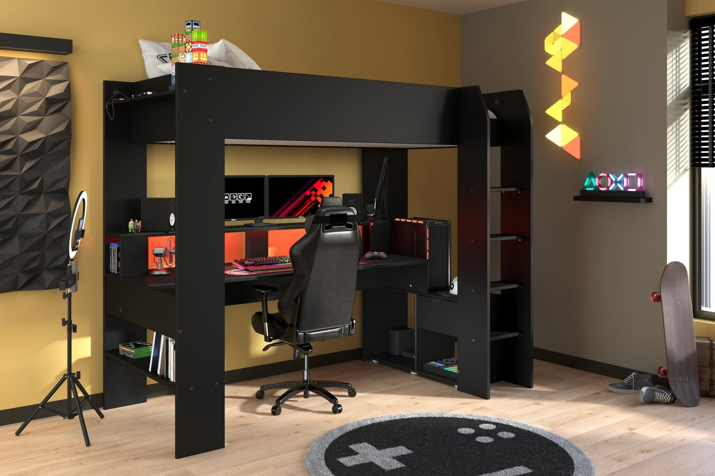 Sleek black high sleeper bed with spacious gaming desk, shelf for three screens, USB socket, and storage; ideal for kids' gaming-themed bedroom.